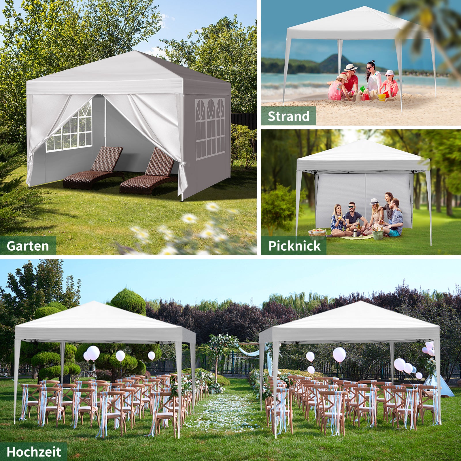 HAOYYE 9.83*9.83*7.71-8.37ft Outdoor Folding Tent White Waterproof Canopy with Two Doors and Two Windows, Right-Angle Steel Frame Pop-Up Shelter for Patio Picnic Camping Events