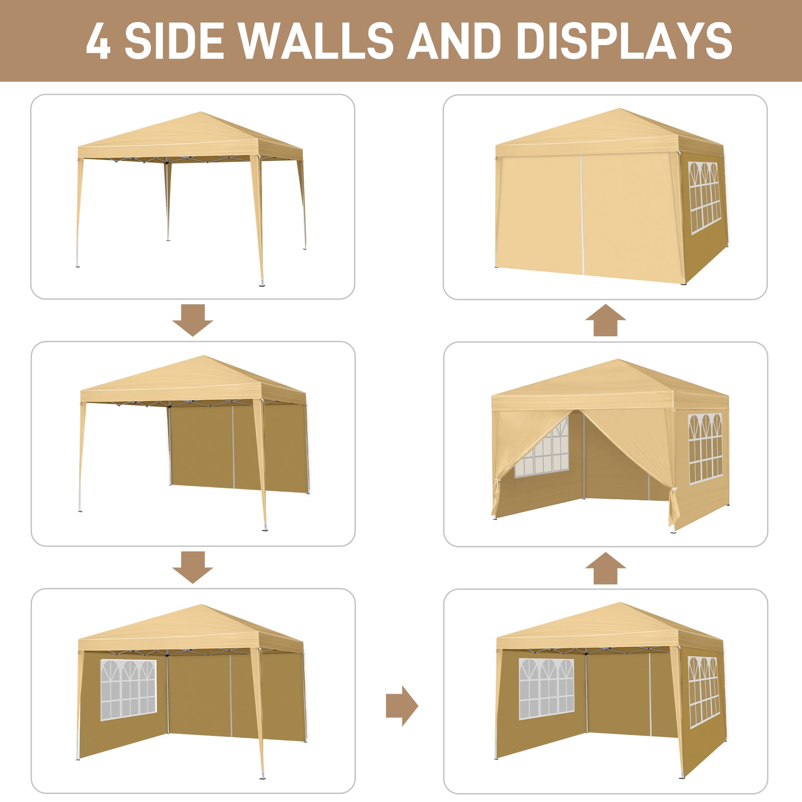 HAOYYE 10x10ft Khaki Waterproof Folding Tent with Two Doors and Two Windows Right Angle Steel Frame Pop Up Canopy Shelter with Oxford Fabric Portable Outdoor Gazebo for Patio Camping Market Events Easy Setup