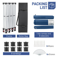 HAOYYE 10x30ft Blue Canopy Tent with 8 Removable Sidewalls Including 6 Windows and 2 Zippered Doors Waterproof Oxford Fabric Portable Folding Event Shelter with White Powder Coated Steel Frame Sandbags and Wheeled Carry Bag for Outdoor Use