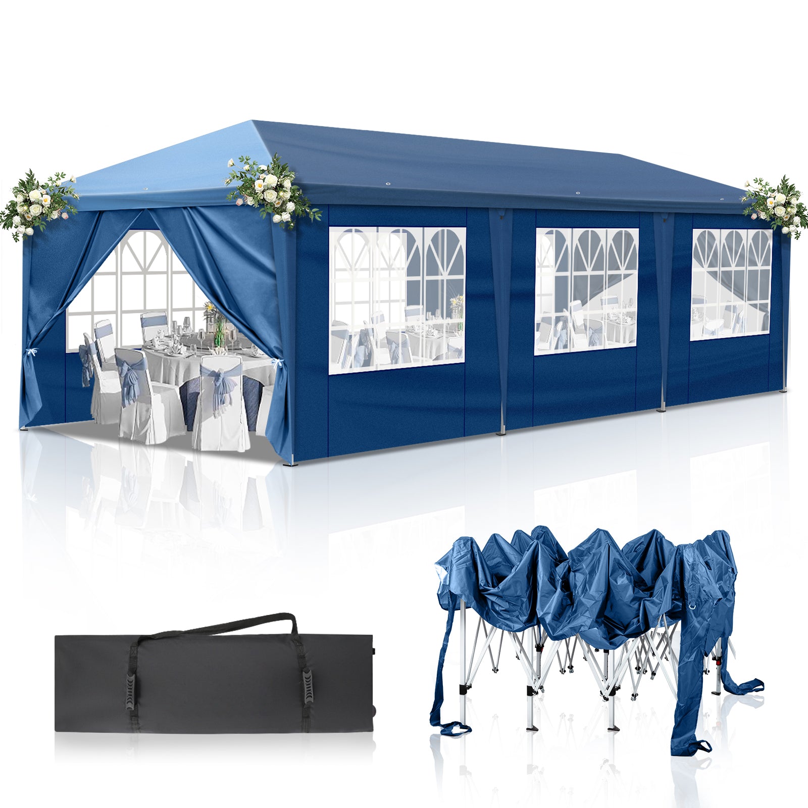 HAOYYE 10x30ft Blue Canopy Tent with 8 Removable Sidewalls Including 6 Windows and 2 Zippered Doors Waterproof Oxford Fabric Portable Folding Event Shelter with White Powder Coated Steel Frame Sandbags and Wheeled Carry Bag for Outdoor Use