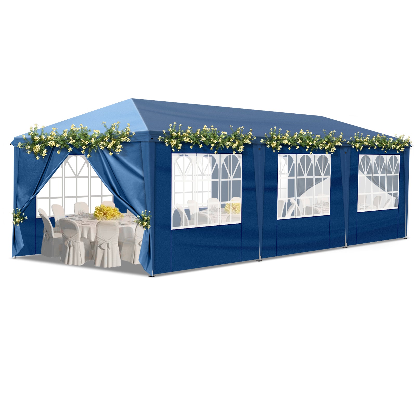 HAOYYE 10x30ft Blue Canopy Tent with 8 Removable Sidewalls Including 6 Windows and 2 Zippered Doors Waterproof Oxford Fabric Portable Folding Event Shelter with White Powder Coated Steel Frame Sandbags and Wheeled Carry Bag for Outdoor Use