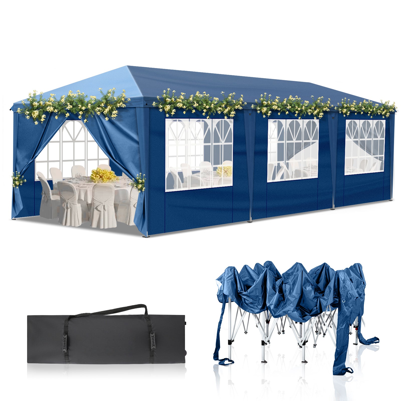HAOYYE 10x30ft Blue Canopy Tent with 8 Removable Sidewalls Including 6 Windows and 2 Zippered Doors Waterproof Oxford Fabric Portable Folding Event Shelter with White Powder Coated Steel Frame Sandbags and Wheeled Carry Bag for Outdoor Use
