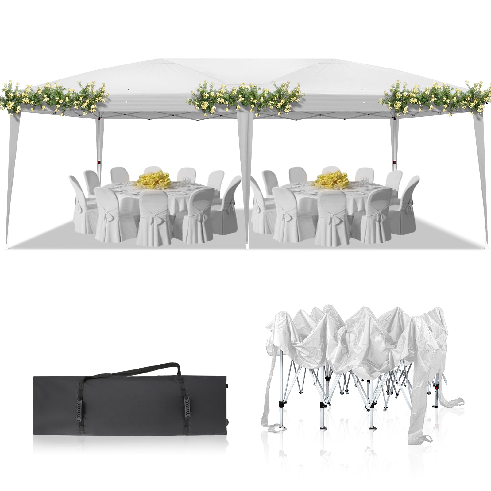 HAOYYE 10x20ft Outdoor Waterproof Folding Tent with Adjustable Height and Carry Bag, Portable White Pop-Up Canopy for Patio Party Event Camping Backyard