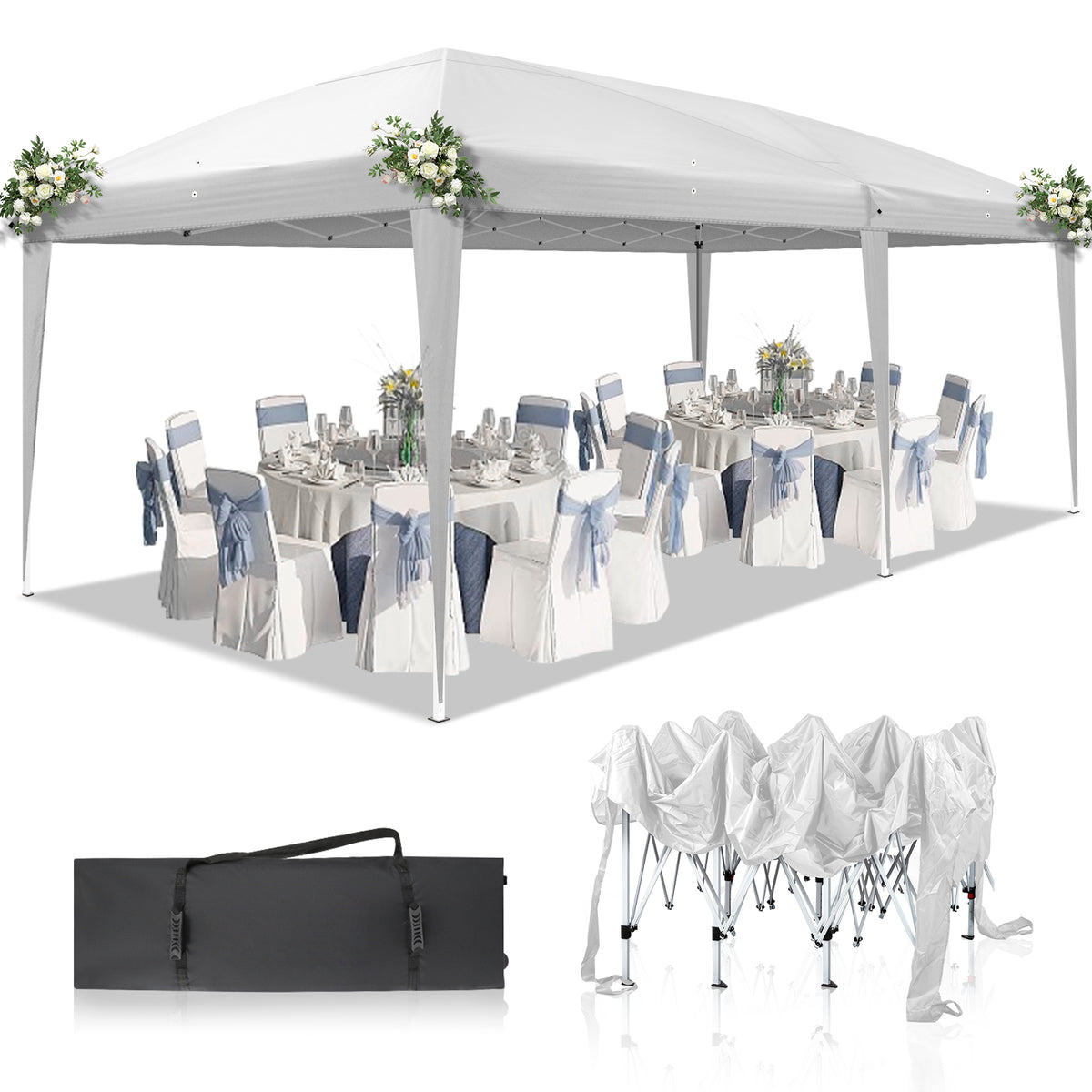 HAOYYE 10x20ft Outdoor Waterproof Folding Tent with Adjustable Height and Carry Bag, Portable White Pop-Up Canopy for Patio Party Event Camping Backyard