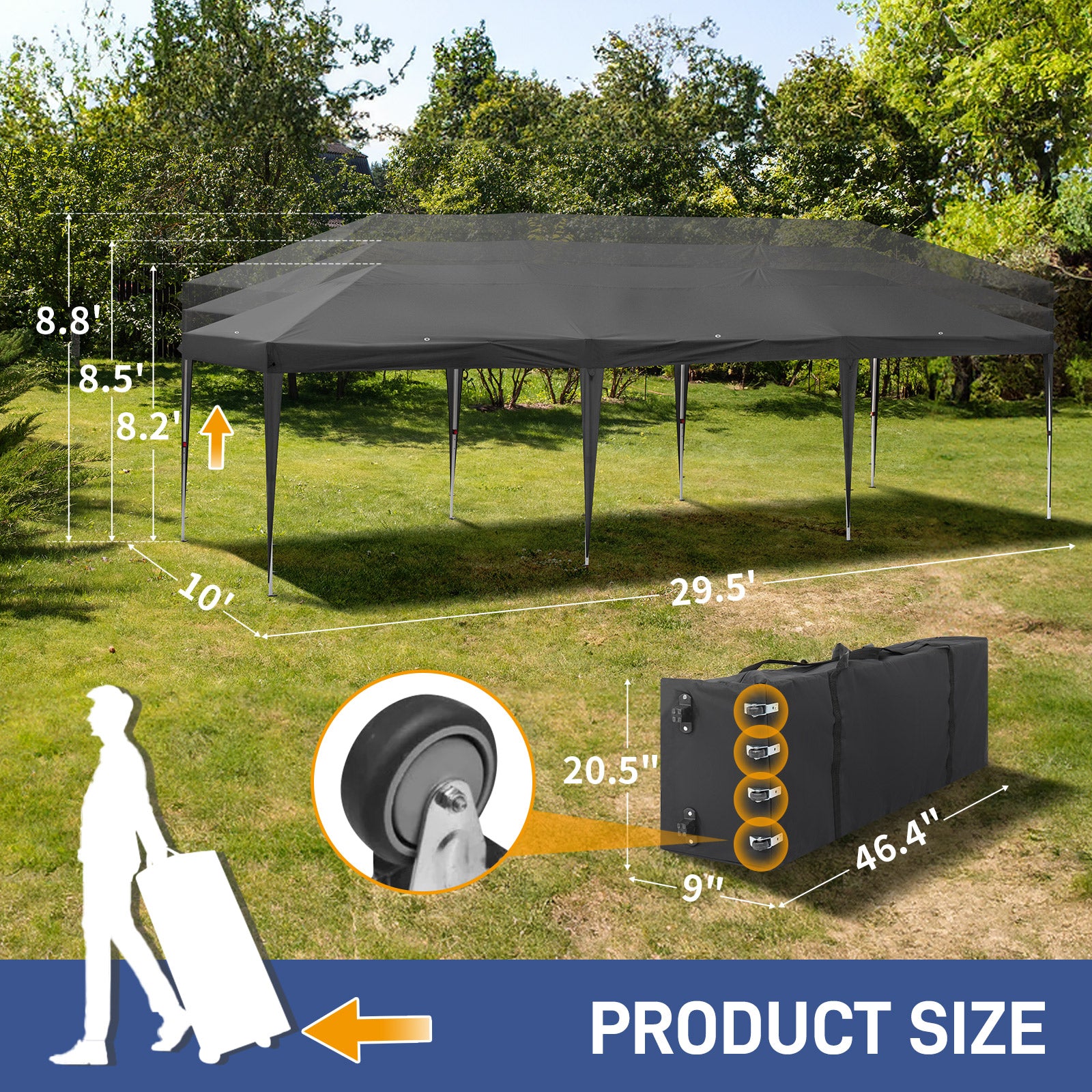 HAOYYE 10*29.5*8.8ft Folding Gazebo Tent with 6 Windows and 2 Doors, Oxford Cloth Canopy with 8 Sandbags and Rolling Tugboat Bag, Waterproof UV-Resistant Outdoor Event Shelter, Adjustable Height