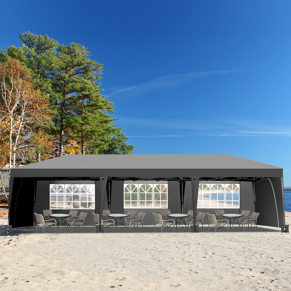 HAOYYE 10*29.5*8.8ft Folding Gazebo Tent with 6 Windows and 2 Doors, Oxford Cloth Canopy with 8 Sandbags and Rolling Tugboat Bag, Waterproof UV-Resistant Outdoor Event Shelter, Adjustable Height