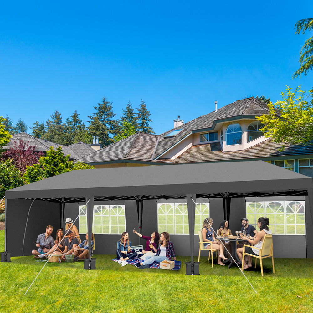HAOYYE 10*29.5*8.8ft Folding Gazebo Tent with 6 Windows and 2 Doors, Oxford Cloth Canopy with 8 Sandbags and Rolling Tugboat Bag, Waterproof UV-Resistant Outdoor Event Shelter, Adjustable Height