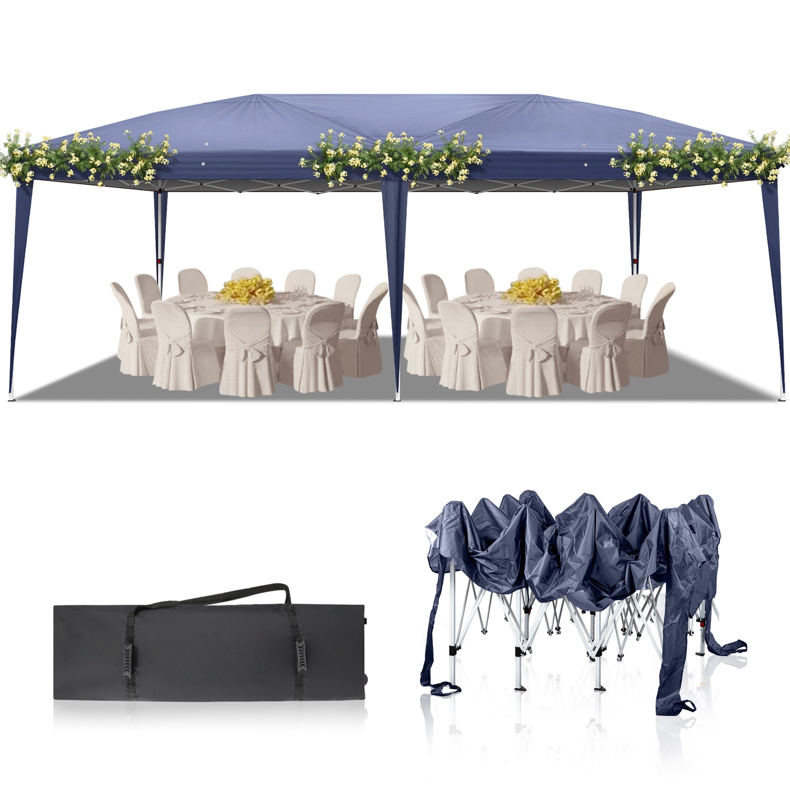HAOYYE 20*10*8.8ft Waterproof Folding Tent Blue Outdoor Canopy Shelter with Carry Bag for Backyard Camping Events Portable Heavy Duty Pop Up Gazebo Tent with Adjustable Height for Home and Outdoor Use