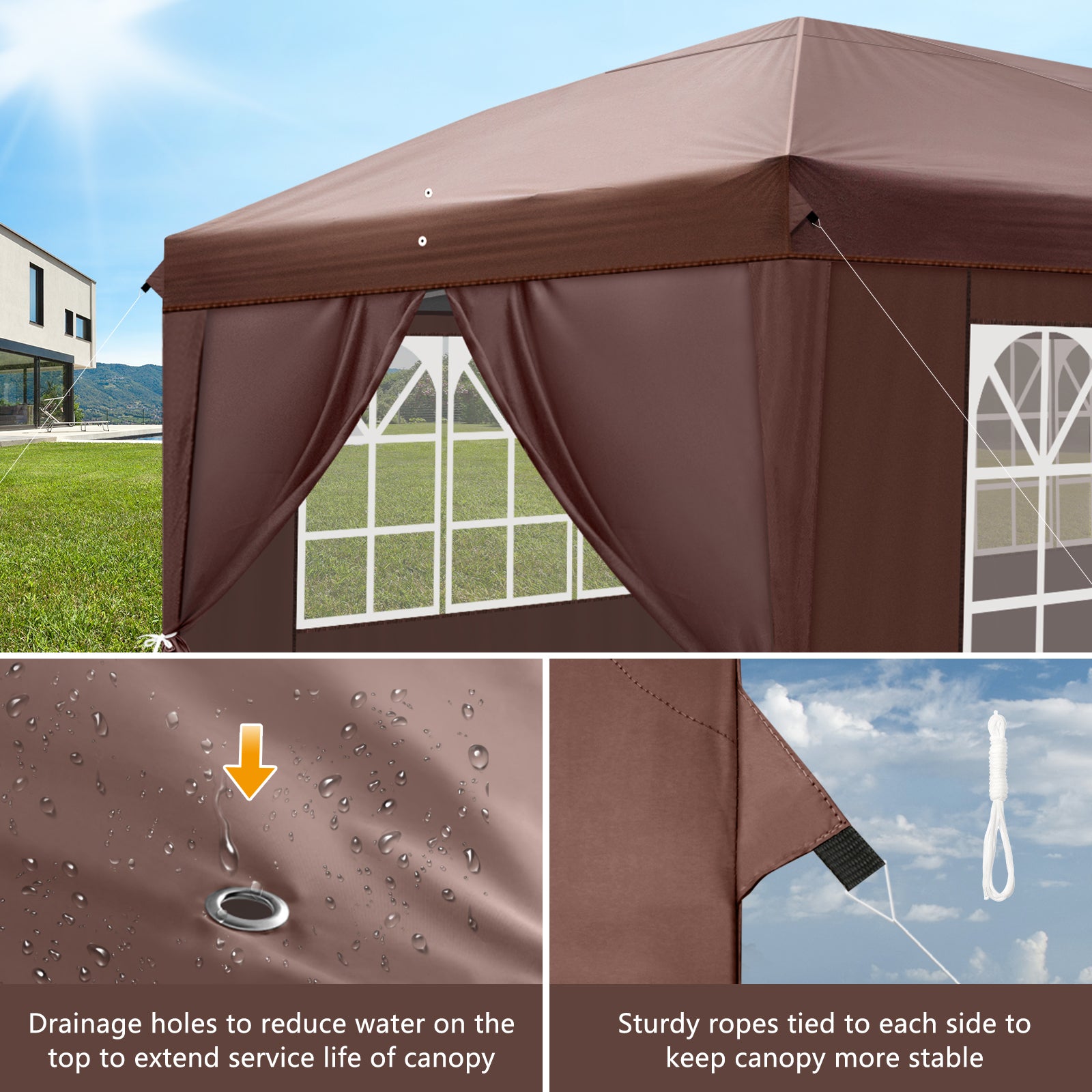 HAOYYE 10*10*8.2ft Waterproof Folding Tent Dark Coffee with Two Windows and Four Sidewalls, Pop-Up Outdoor Canopy Shelter with Carry Bag, 3x6m Right-Angle Tent for Patio Party Market Camping Wedding Event