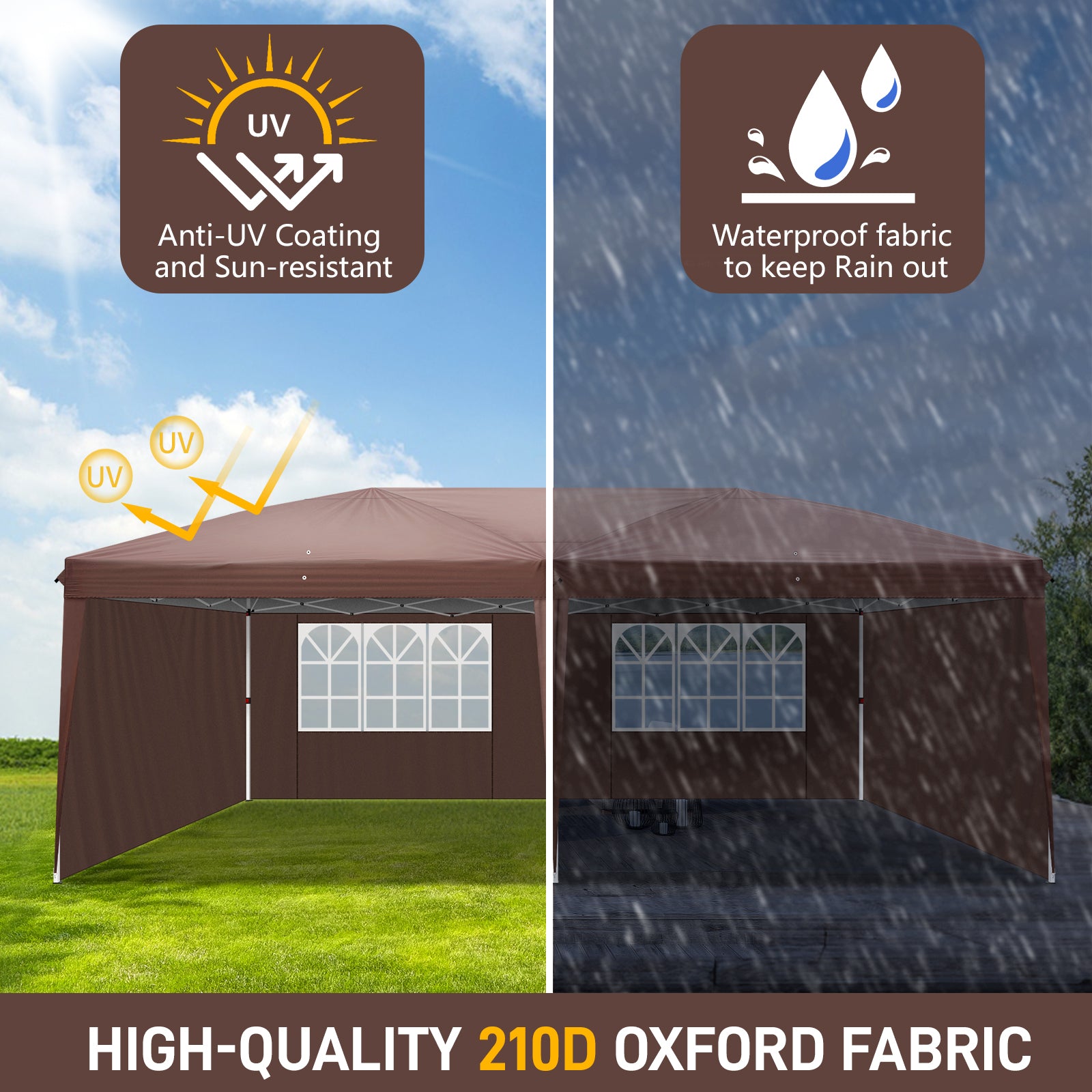 HAOYYE 10*10*8.2ft Waterproof Folding Tent Dark Coffee with Two Windows and Four Sidewalls, Pop-Up Outdoor Canopy Shelter with Carry Bag, 3x6m Right-Angle Tent for Patio Party Market Camping Wedding Event