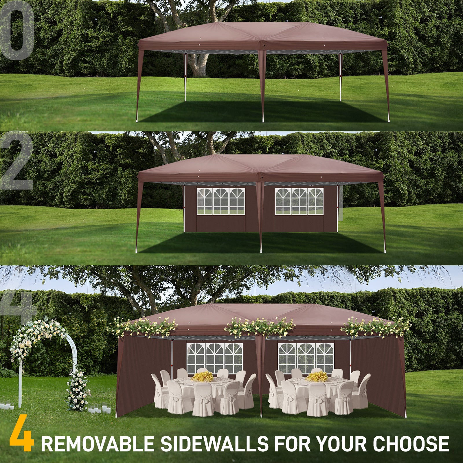 HAOYYE 10*10*8.2ft Waterproof Folding Tent Dark Coffee with Two Windows and Four Sidewalls, Pop-Up Outdoor Canopy Shelter with Carry Bag, 3x6m Right-Angle Tent for Patio Party Market Camping Wedding Event