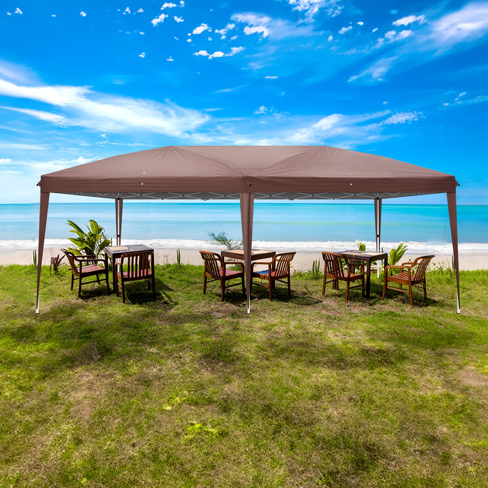 HAOYYE 10*10*8.2ft Waterproof Folding Tent Dark Coffee with Two Windows and Four Sidewalls, Pop-Up Outdoor Canopy Shelter with Carry Bag, 3x6m Right-Angle Tent for Patio Party Market Camping Wedding Event