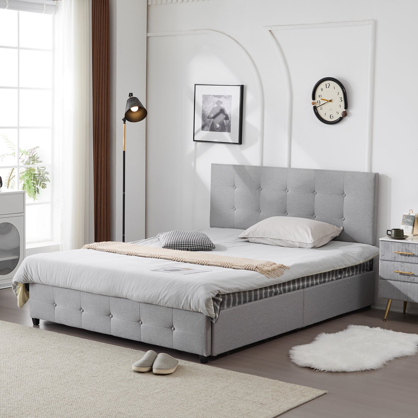 HAOYYE Upholstered Full Platform Storage Bed Frame with 4 Drawers, Adjustable Headboard with Button Tufted Design, Wooden Slat Support, No Box Spring Needed, Light Grey