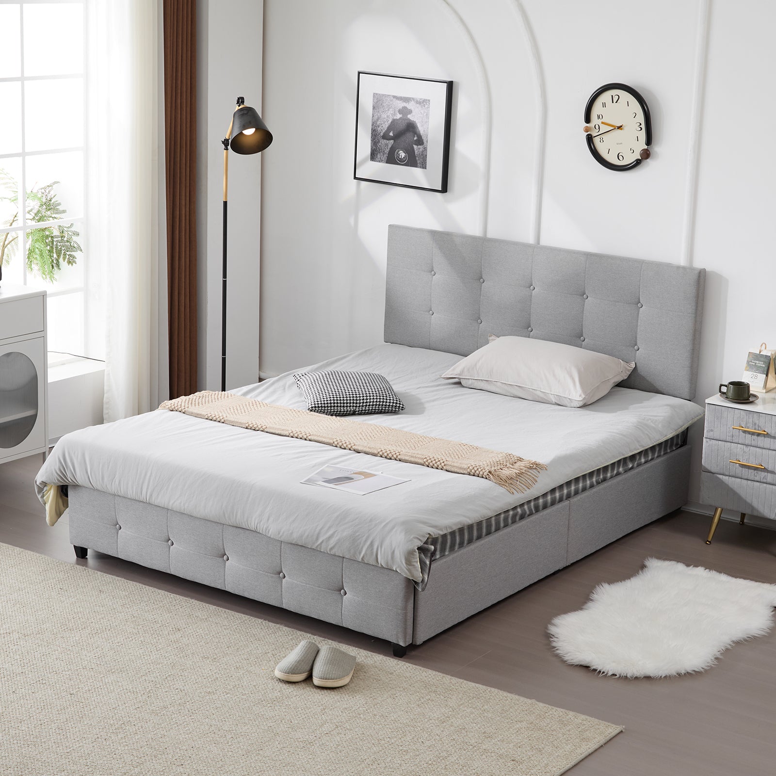 HAOYYE Upholstered Full Platform Storage Bed Frame with 4 Drawers, Adjustable Headboard with Button Tufted Design, Wooden Slat Support, No Box Spring Needed, Light Grey