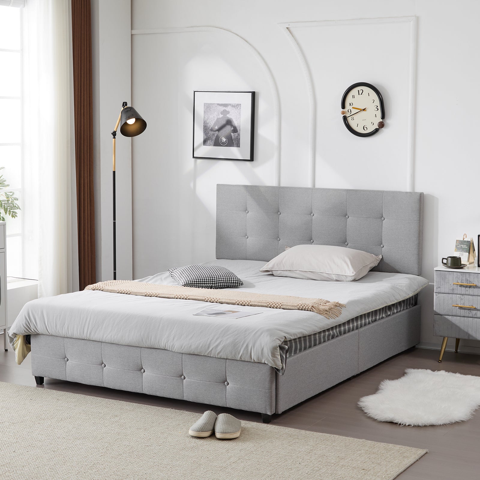 HAOYYE Upholstered Full Platform Storage Bed Frame with 4 Drawers, Adjustable Headboard with Button Tufted Design, Wooden Slat Support, No Box Spring Needed, Light Grey