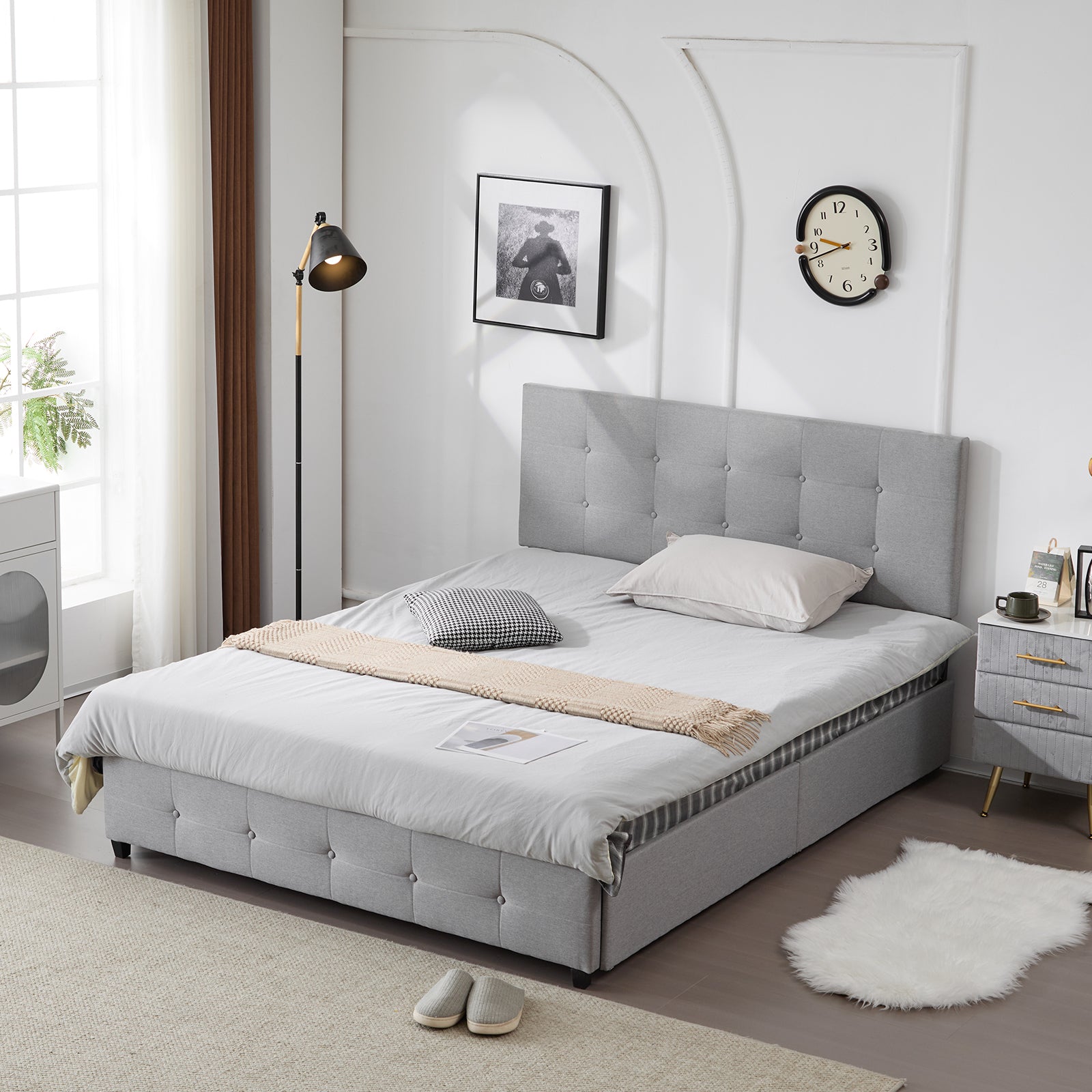 HAOYYE Upholstered Full Platform Storage Bed Frame with 4 Drawers, Adjustable Headboard with Button Tufted Design, Wooden Slat Support, No Box Spring Needed, Light Grey