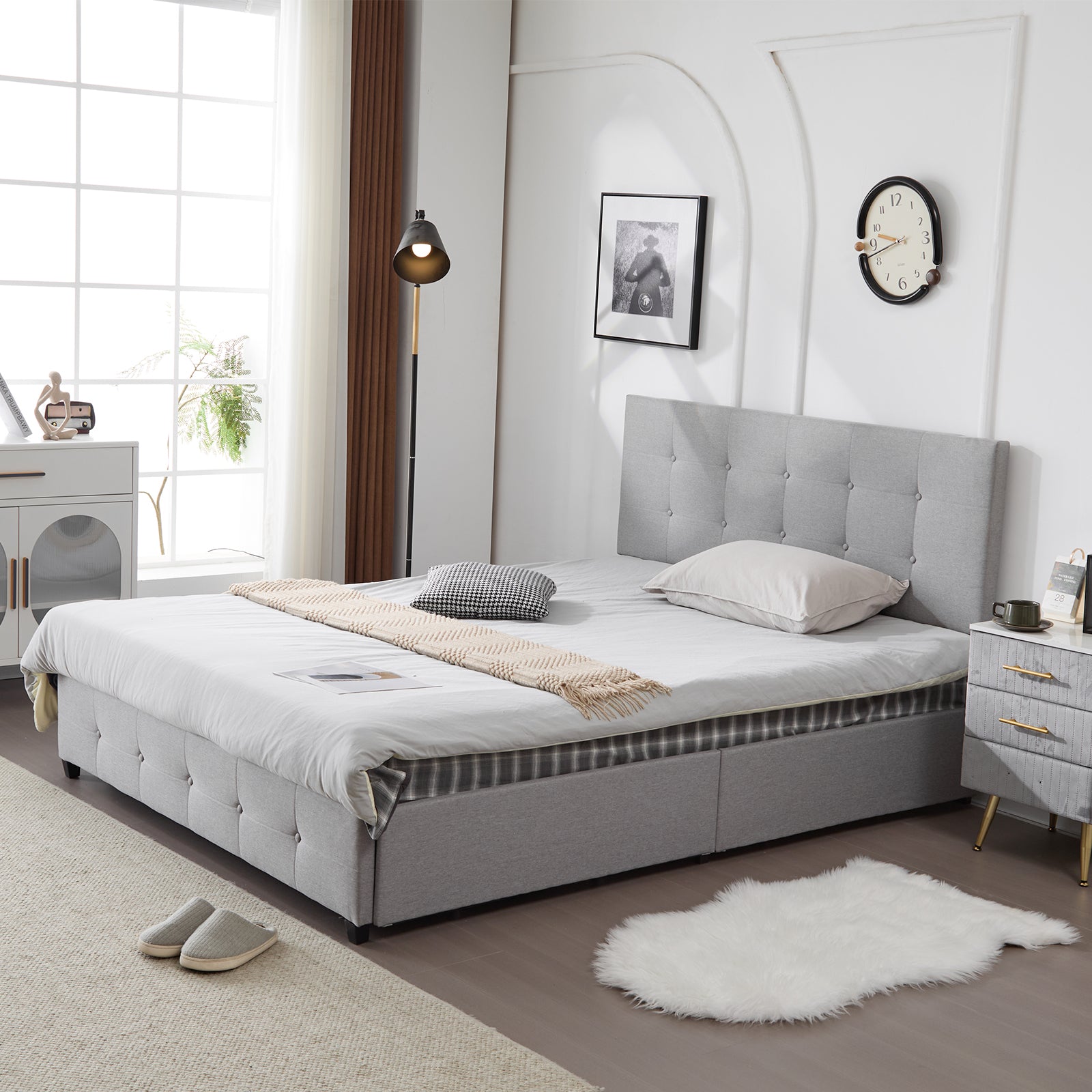 HAOYYE Upholstered Full Platform Storage Bed Frame with 4 Drawers, Adjustable Headboard with Button Tufted Design, Wooden Slat Support, No Box Spring Needed, Light Grey