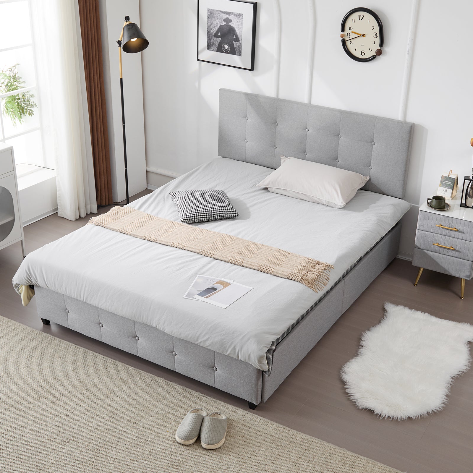 HAOYYE Upholstered Full Platform Storage Bed Frame with 4 Drawers, Adjustable Headboard with Button Tufted Design, Wooden Slat Support, No Box Spring Needed, Light Grey