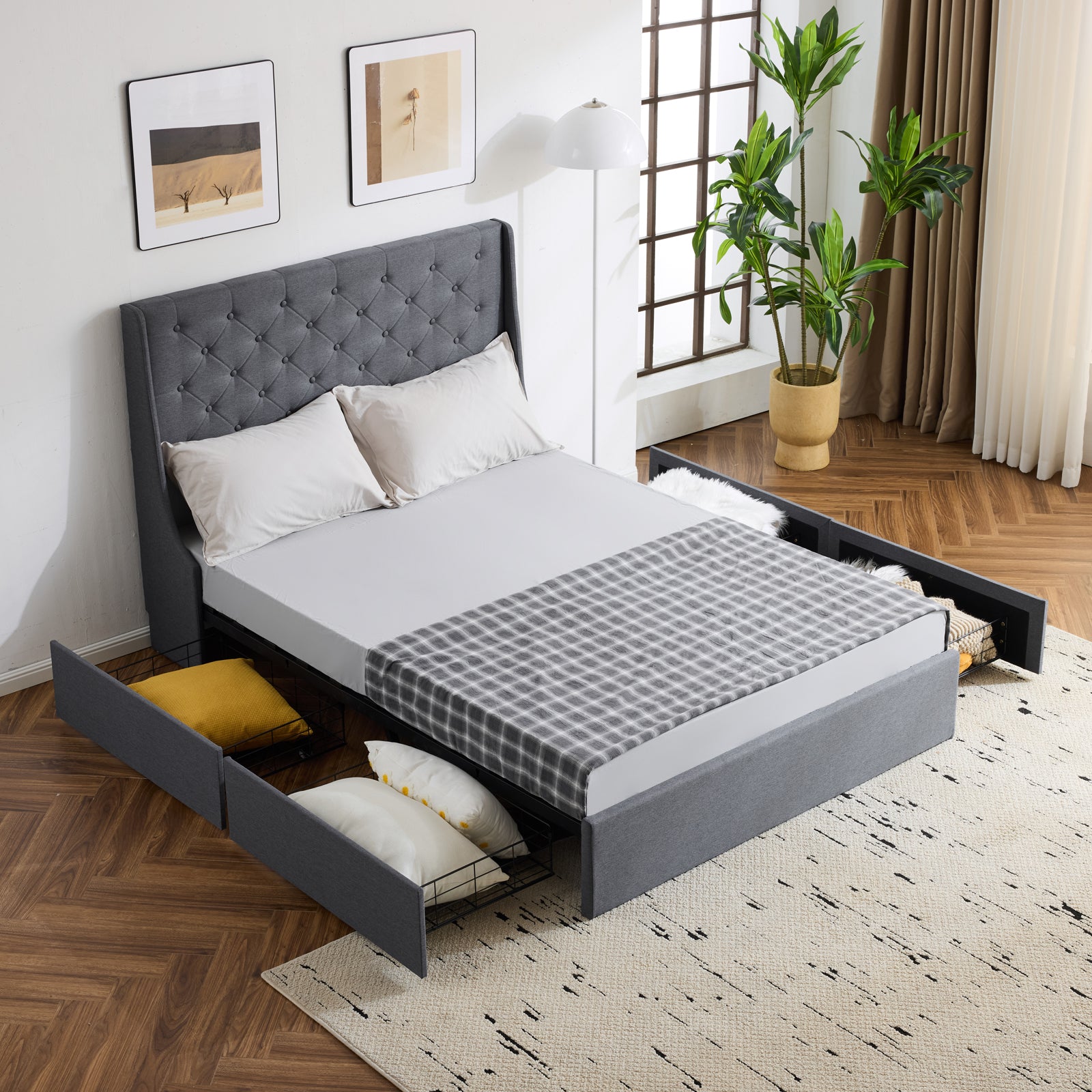 HAOYYE Upholstered Queen Platform Storage Bed Frame with 4 Drawers Wingback Headboard Button Tufted Wooden Slats No Box Spring Needed