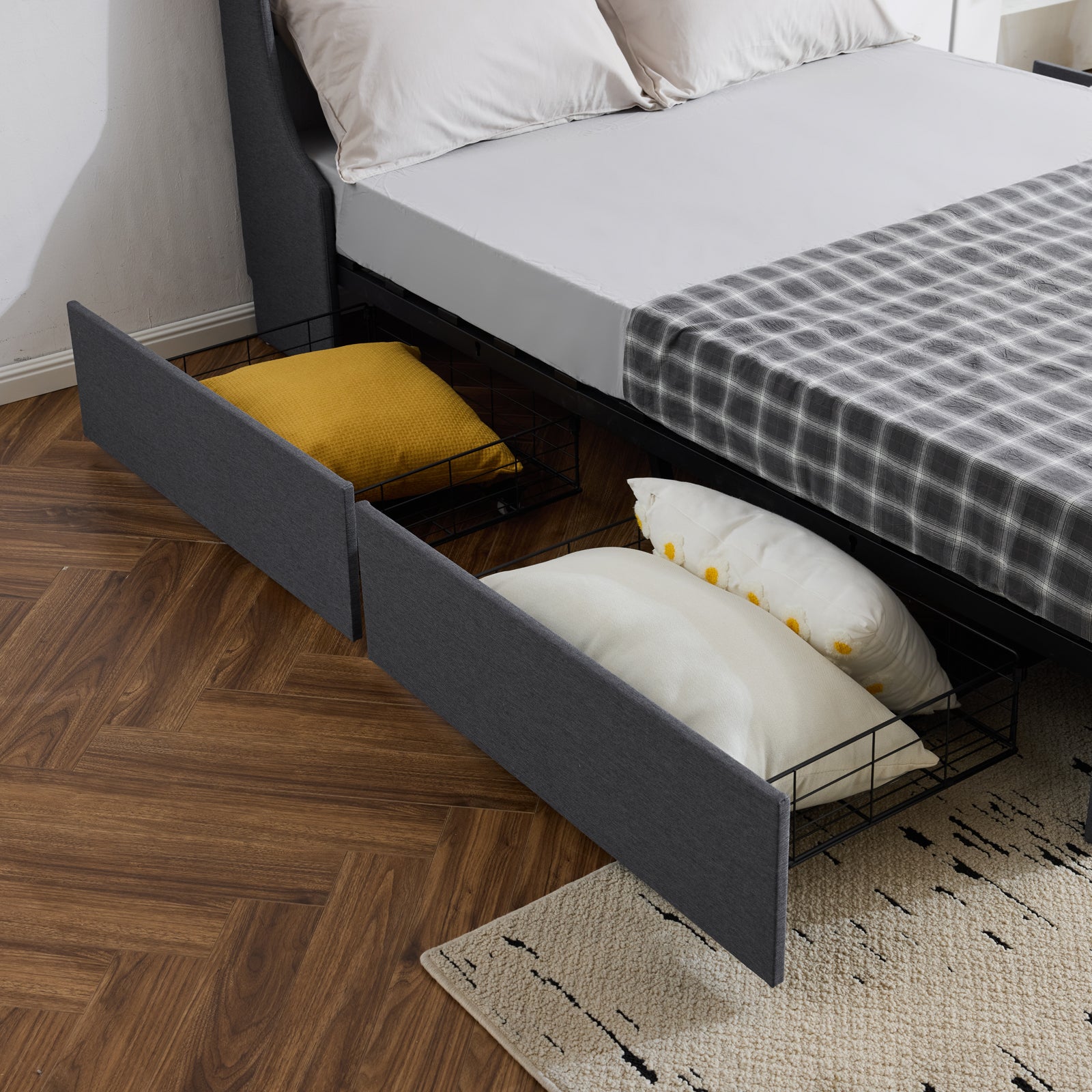 HAOYYE Upholstered Queen Platform Storage Bed Frame with 4 Drawers Wingback Headboard Button Tufted Wooden Slats No Box Spring Needed