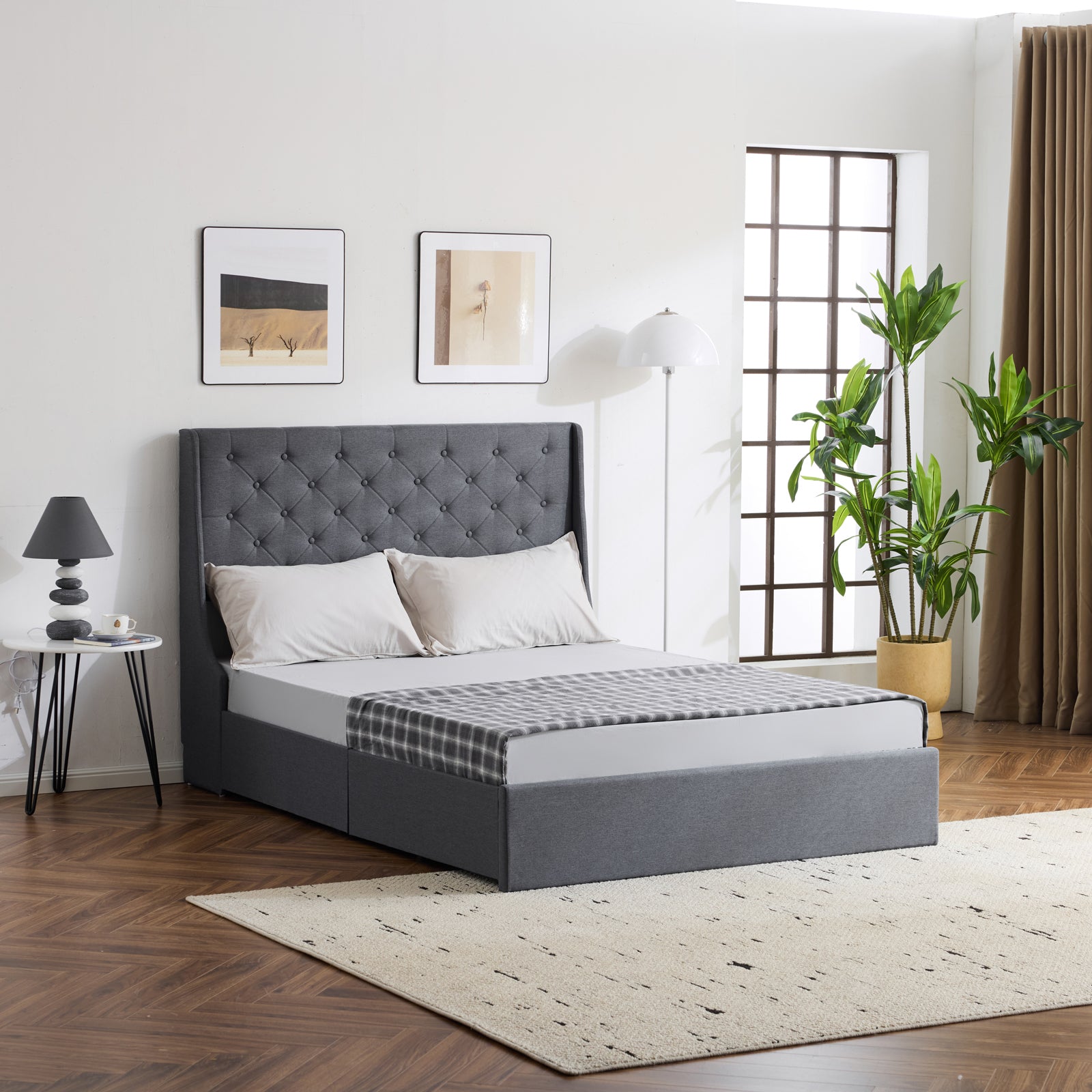 HAOYYE Upholstered Queen Platform Storage Bed Frame with 4 Drawers Wingback Headboard Button Tufted Wooden Slats No Box Spring Needed