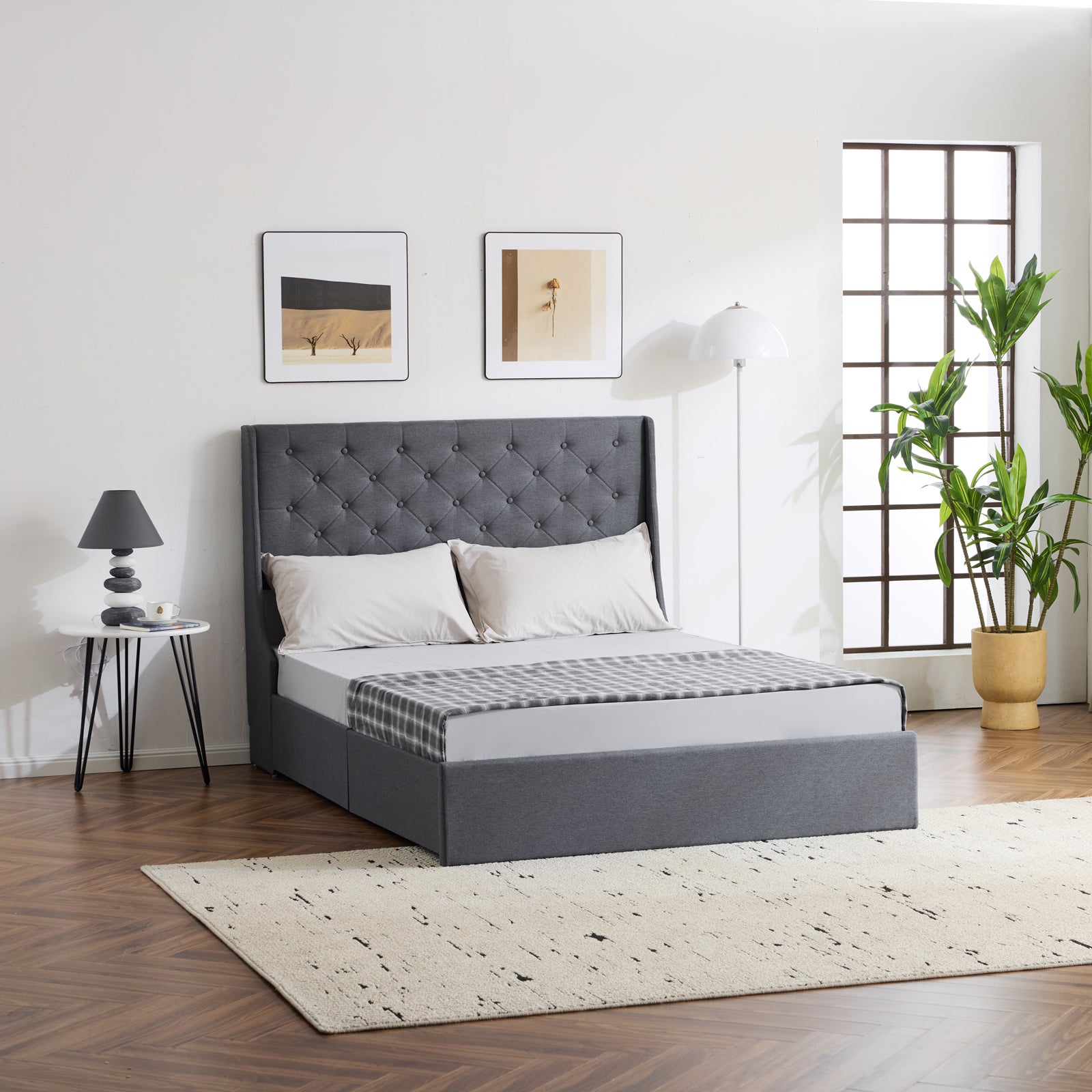 HAOYYE Upholstered Queen Platform Storage Bed Frame with 4 Drawers Wingback Headboard Button Tufted Wooden Slats No Box Spring Needed