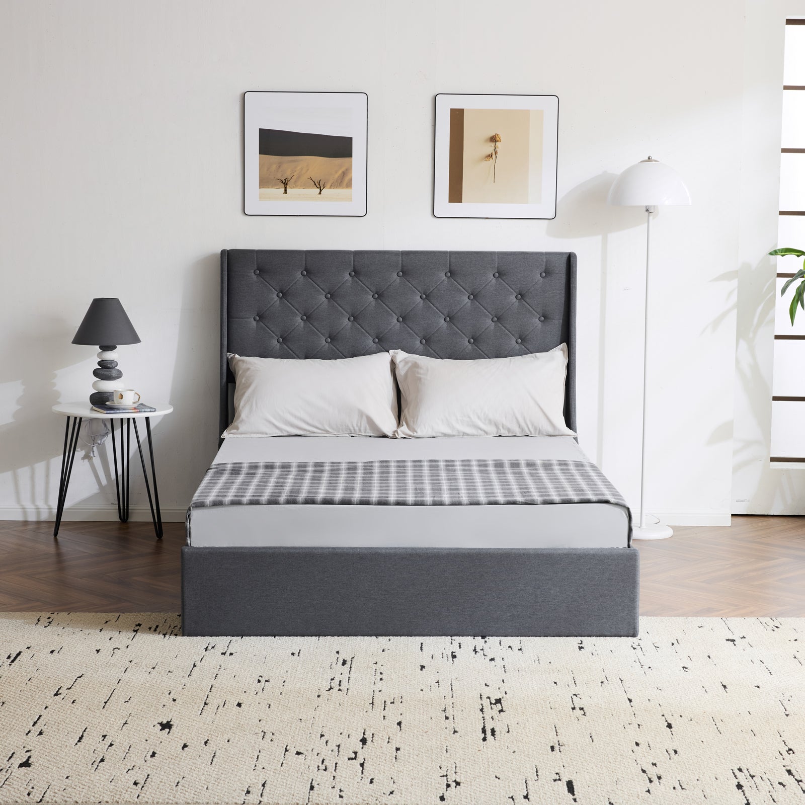 HAOYYE Upholstered Queen Platform Storage Bed Frame with 4 Drawers Wingback Headboard Button Tufted Wooden Slats No Box Spring Needed