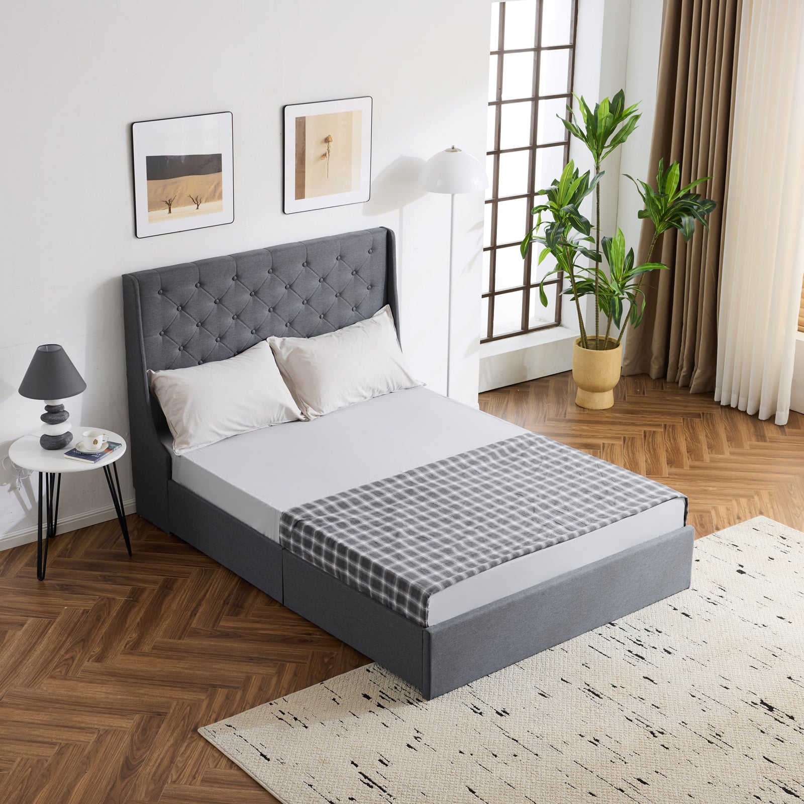 HAOYYE Upholstered Queen Platform Storage Bed Frame with 4 Drawers Wingback Headboard Button Tufted Wooden Slats No Box Spring Needed