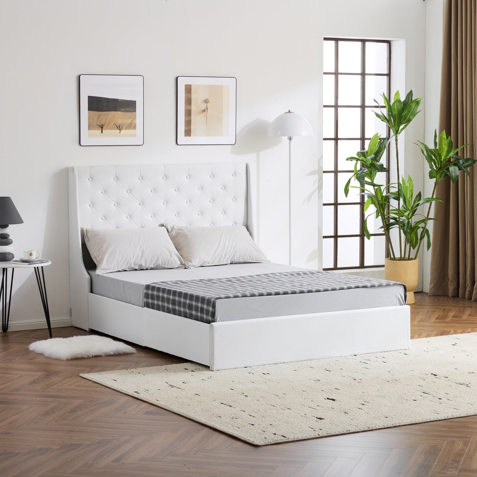 HAOYYE Upholstered Queen Platform Bed Frame With 4 Drawers Wingback Headboard Button Tufted Linen No Box Spring Needed
