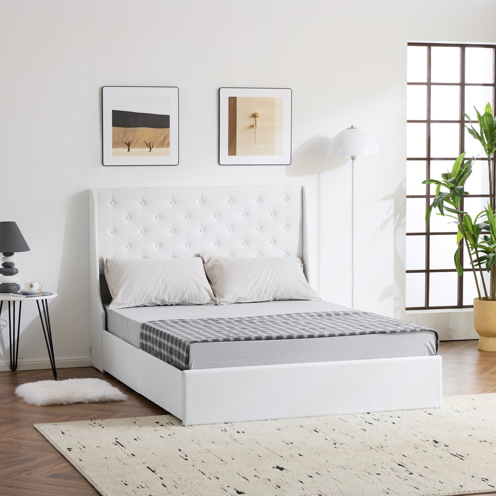 HAOYYE Upholstered Queen Platform Bed Frame With 4 Drawers Wingback Headboard Button Tufted Linen No Box Spring Needed