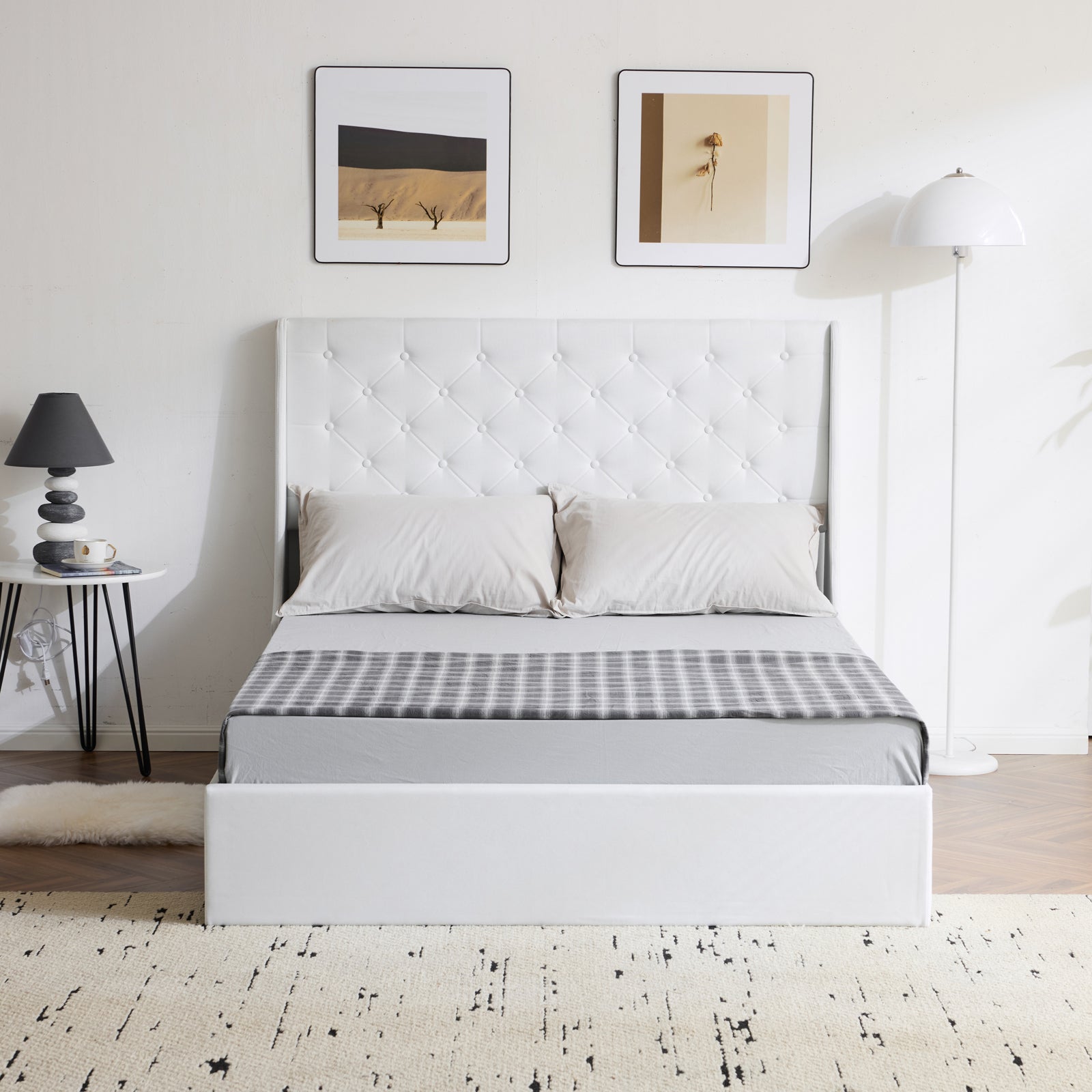 HAOYYE Upholstered Queen Platform Bed Frame With 4 Drawers Wingback Headboard Button Tufted Linen No Box Spring Needed