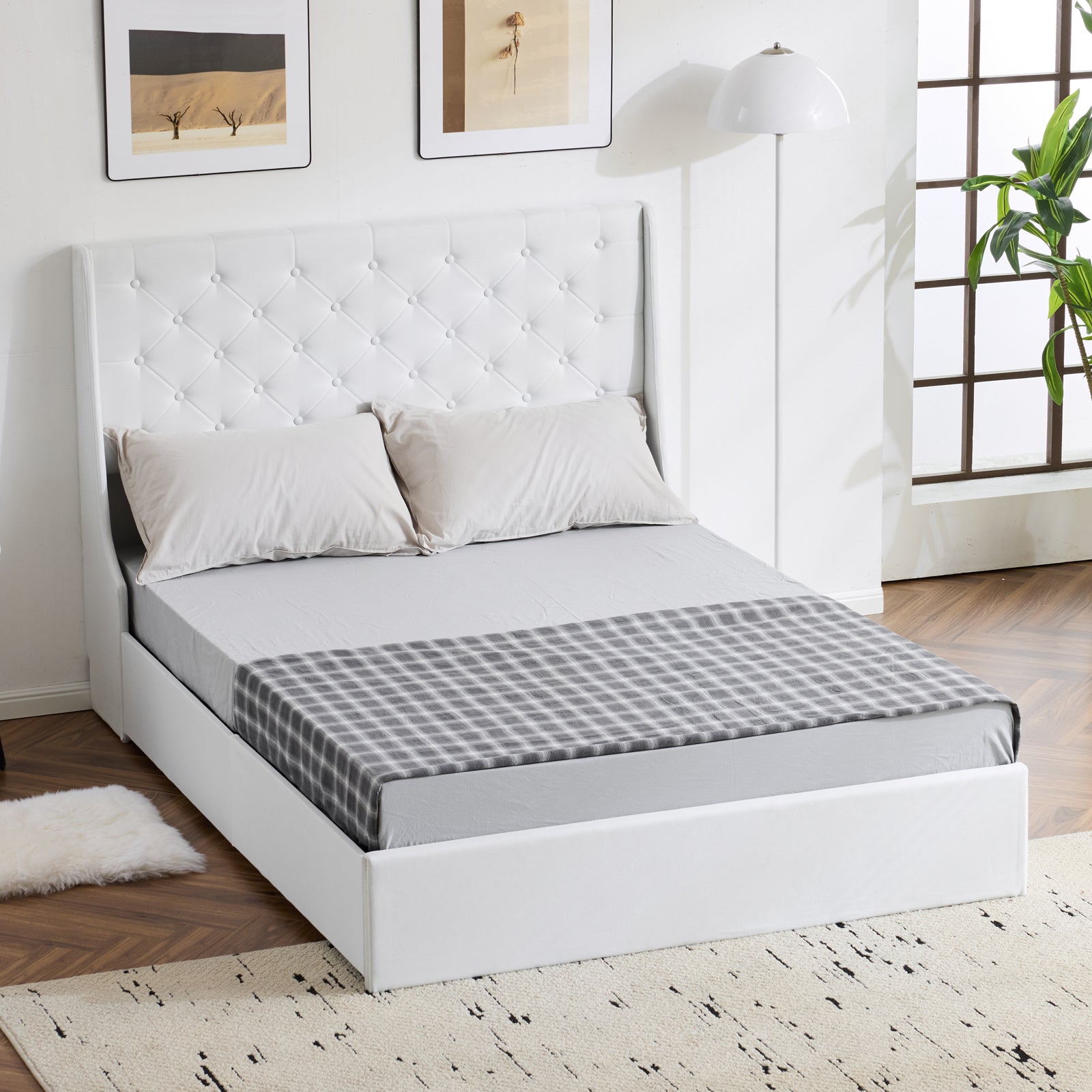 HAOYYE Upholstered Queen Platform Bed Frame With 4 Drawers Wingback Headboard Button Tufted Linen No Box Spring Needed