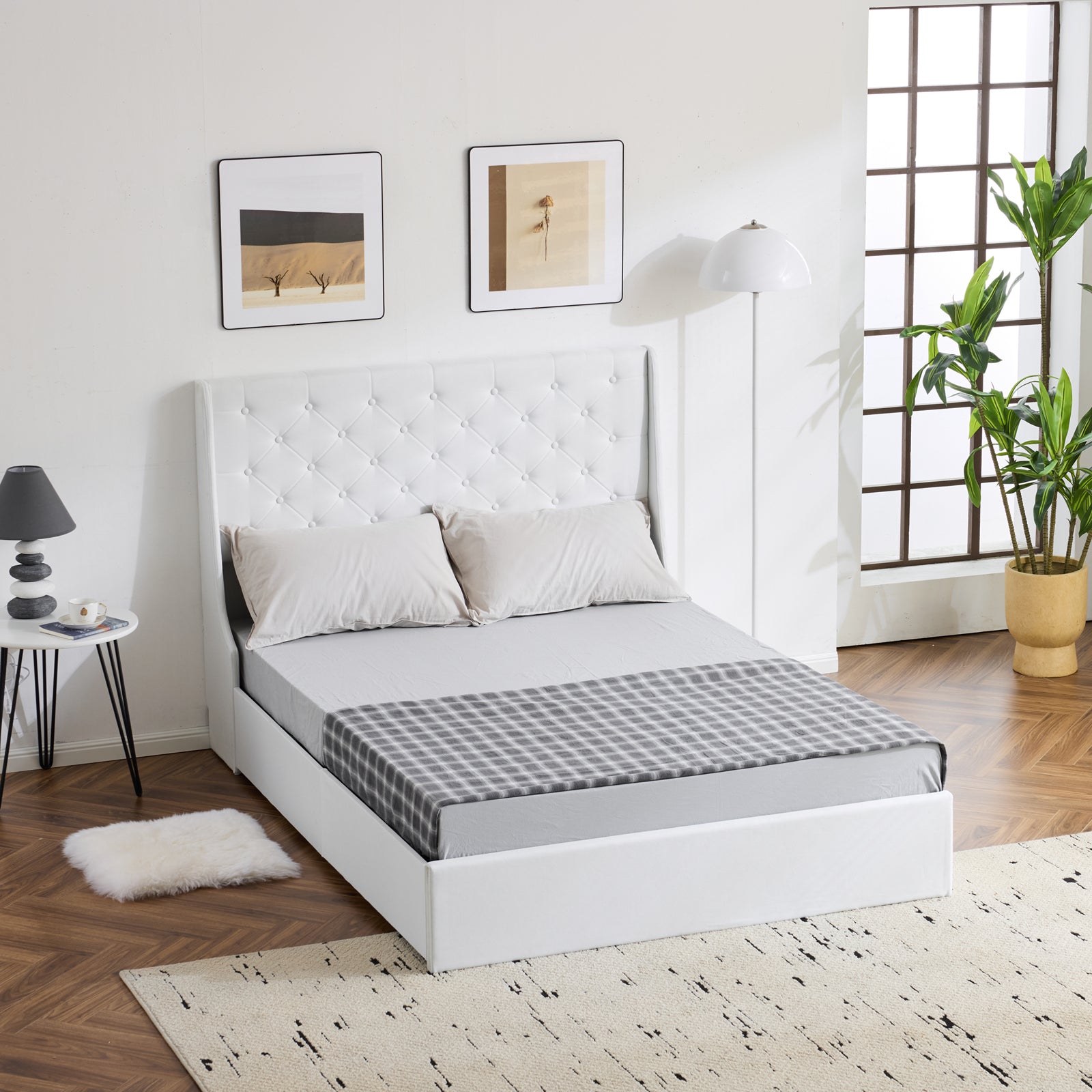 HAOYYE Upholstered Queen Platform Bed Frame With 4 Drawers Wingback Headboard Button Tufted Linen No Box Spring Needed