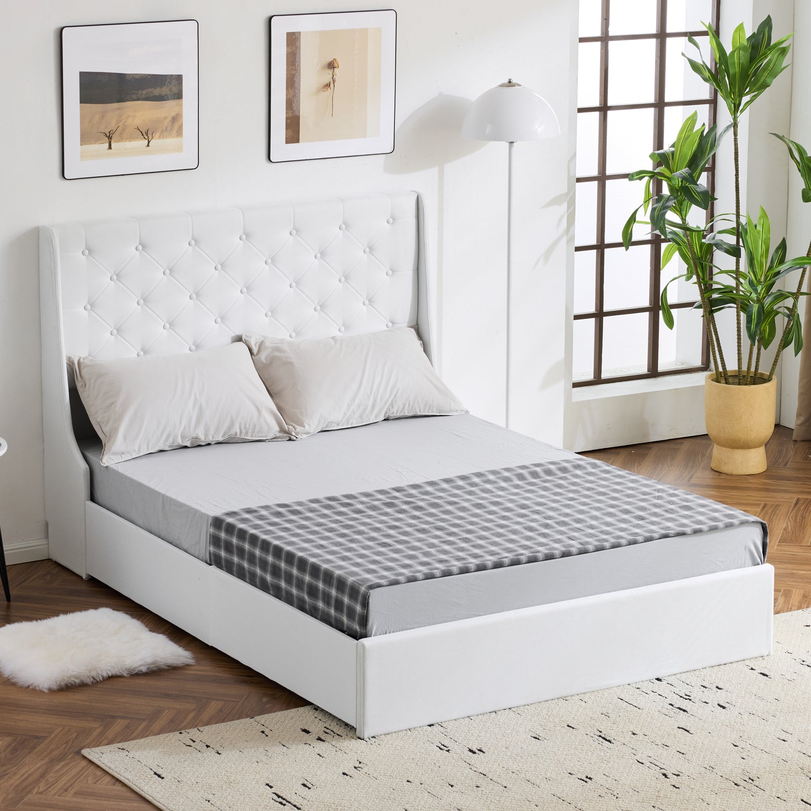 HAOYYE Upholstered Queen Platform Bed Frame With 4 Drawers Wingback Headboard Button Tufted Linen No Box Spring Needed