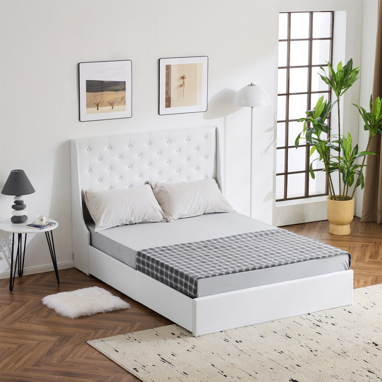 HAOYYE Upholstered Queen Platform Bed Frame With 4 Drawers Wingback Headboard Button Tufted Linen No Box Spring Needed