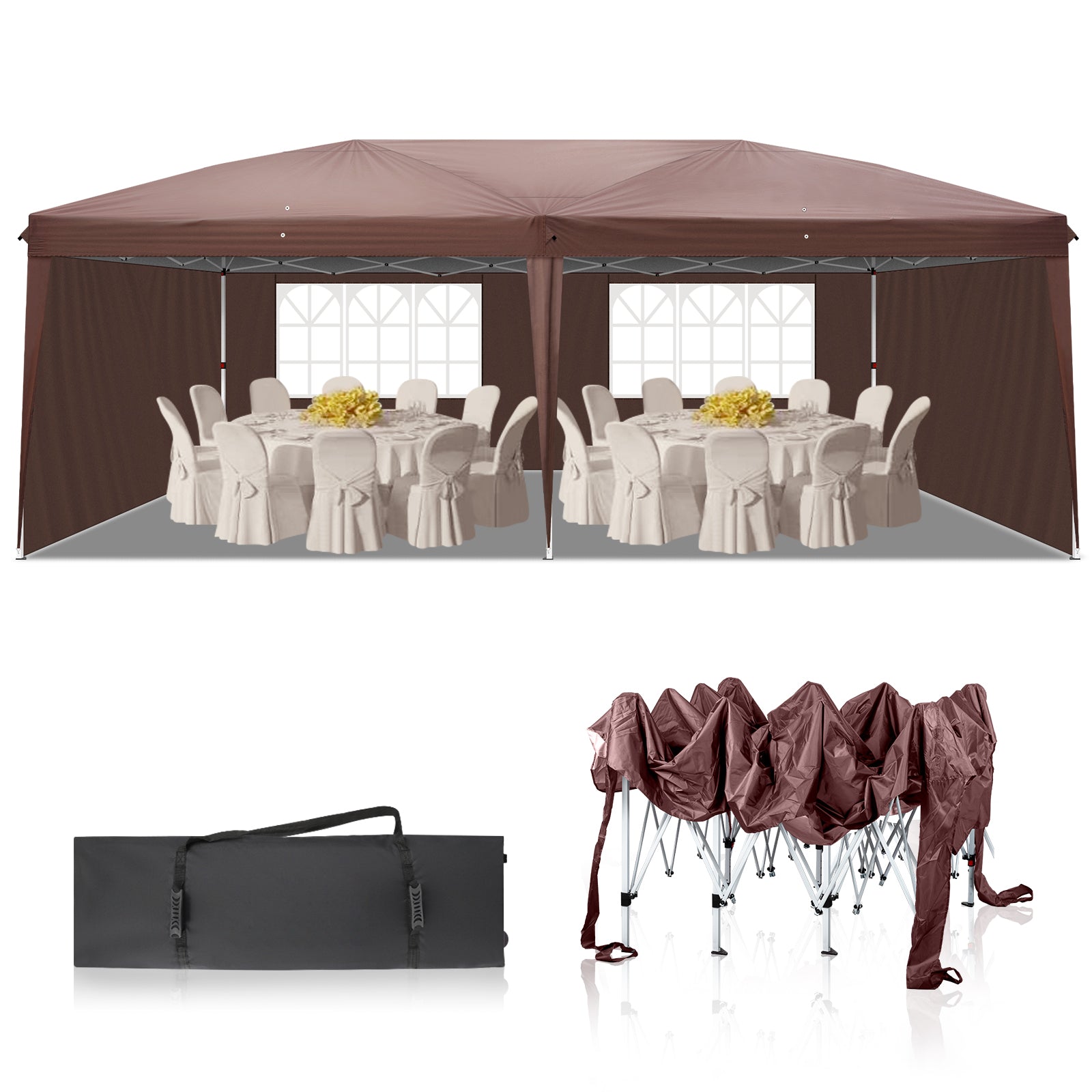 HAOYYE 10x20ft Dark Coffee Pop Up Canopy Tent with 4 Removable Sidewalls and 2 Transparent Windows Waterproof Oxford Fabric Folding Gazebo with Powder Coated Steel Frame Portable Outdoor Shelter for Patio Garden Market Events