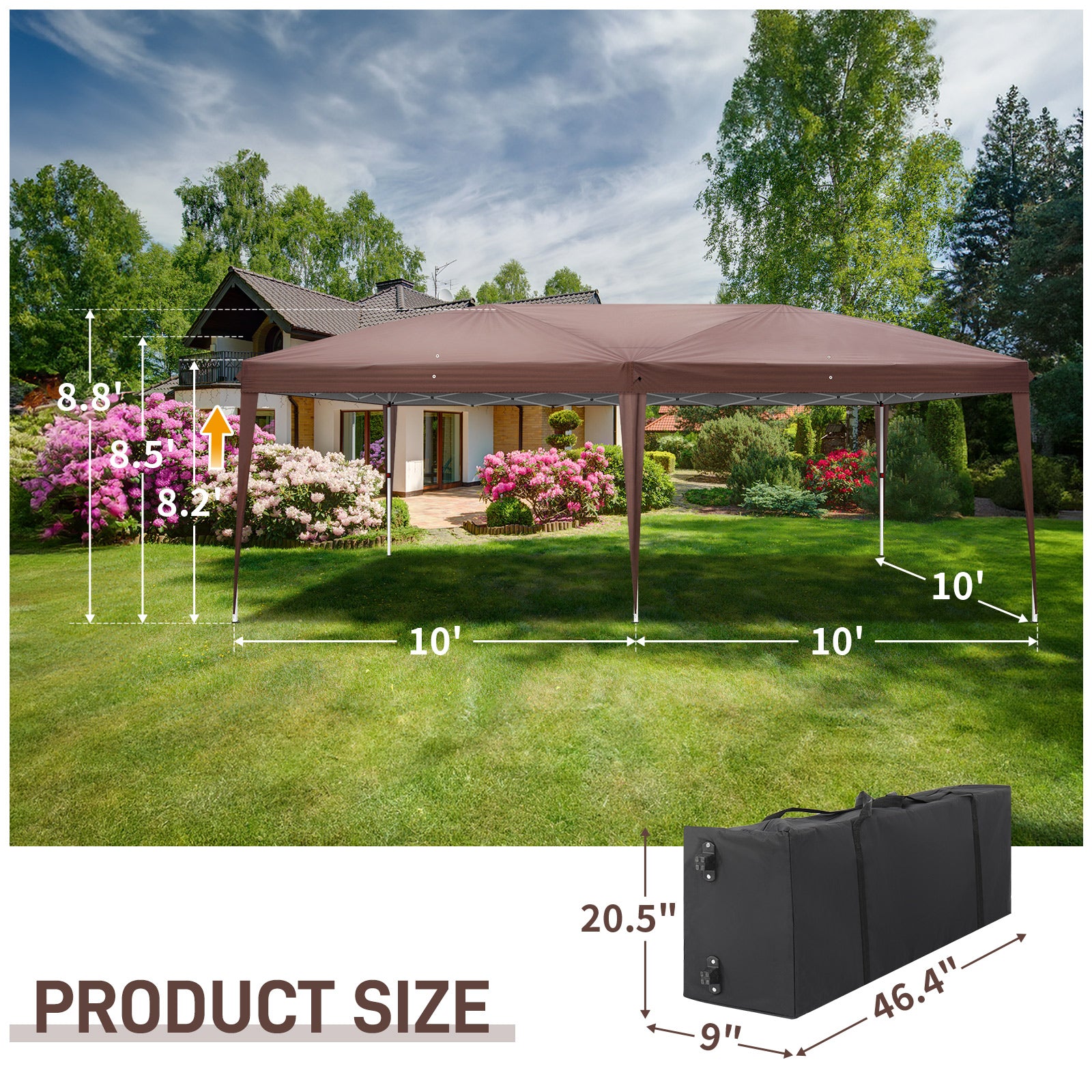HAOYYE 10x20ft Dark Coffee Pop Up Canopy Tent with 4 Removable Sidewalls and 2 Transparent Windows Waterproof Oxford Fabric Folding Gazebo with Powder Coated Steel Frame Portable Outdoor Shelter for Patio Garden Market Events