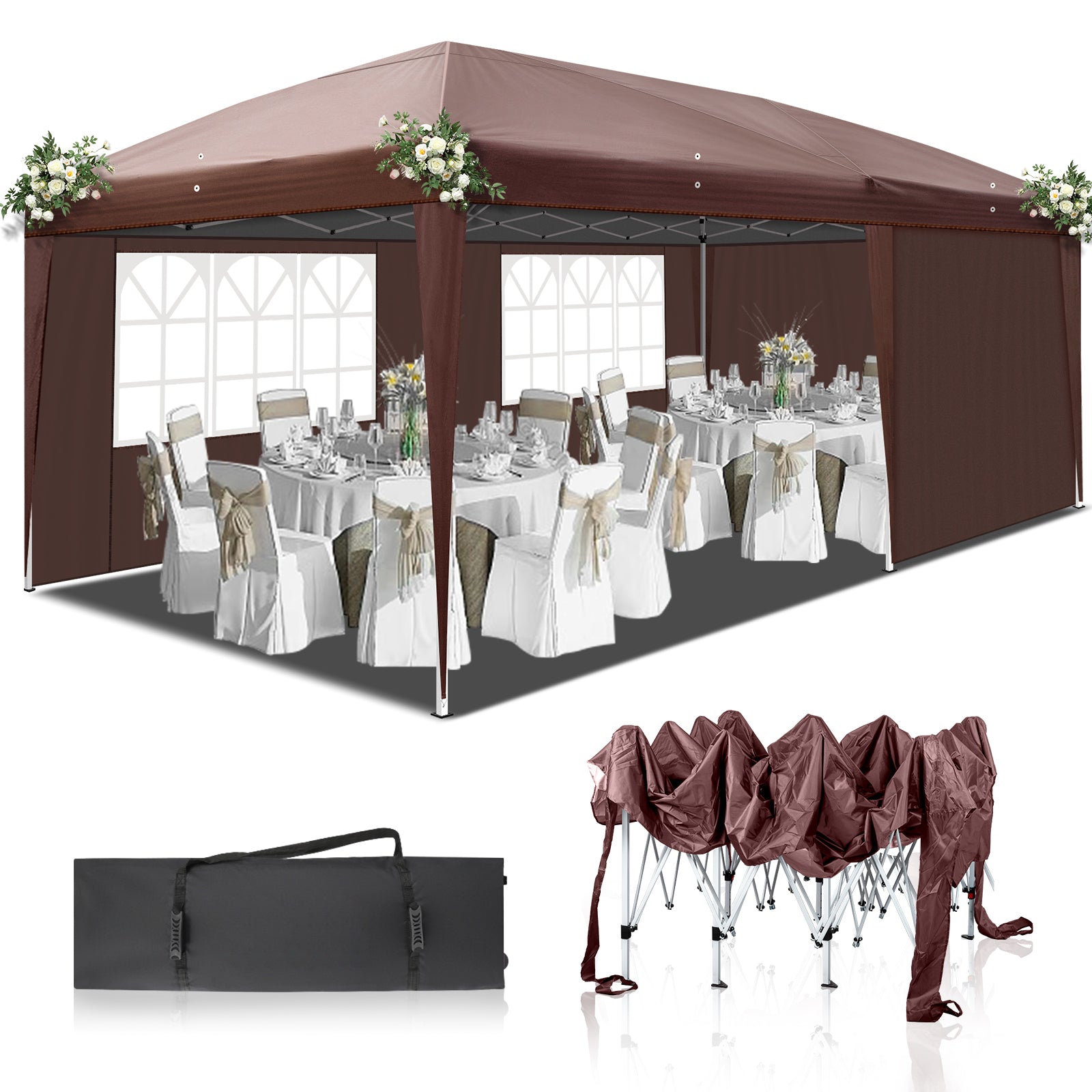 HAOYYE 10x20ft Dark Coffee Pop Up Canopy Tent with 4 Removable Sidewalls and 2 Transparent Windows Waterproof Oxford Fabric Folding Gazebo with Powder Coated Steel Frame Portable Outdoor Shelter for Patio Garden Market Events