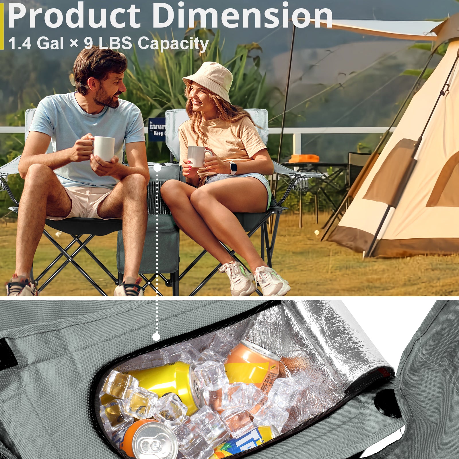 HAOYYE Portable 2-Seat Folding Chair with Removable Sun Umbrella, Gray, Sturdy Outdoor Camping Bench with Built-in Cup Holders, Lightweight and Space-Saving Design, Ideal for Beach, Picnic, Patio, and Outdoor Activities