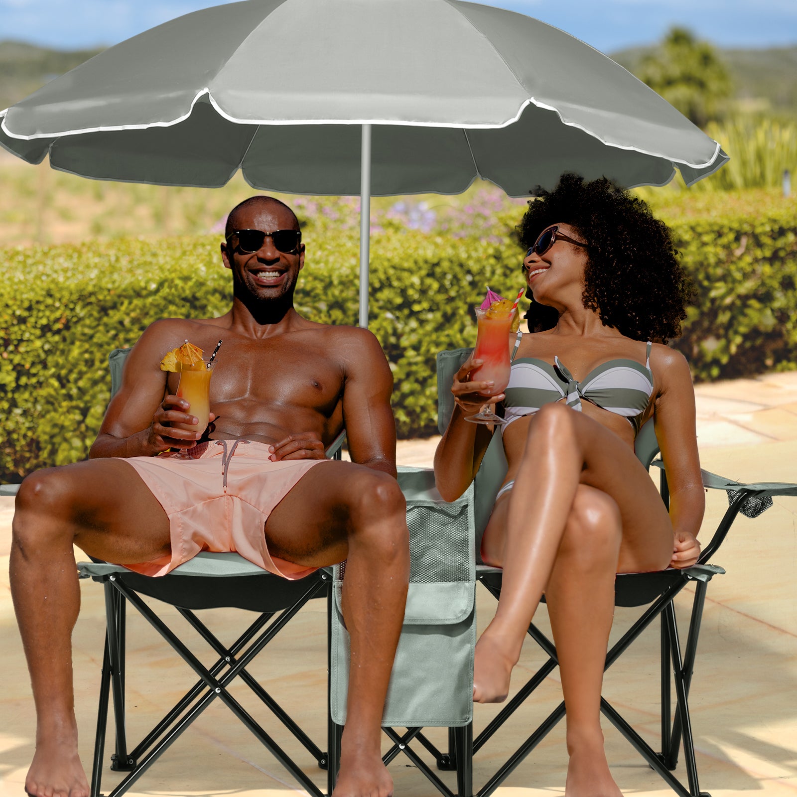 HAOYYE Portable 2-Seat Folding Chair with Removable Sun Umbrella, Gray, Sturdy Outdoor Camping Bench with Built-in Cup Holders, Lightweight and Space-Saving Design, Ideal for Beach, Picnic, Patio, and Outdoor Activities