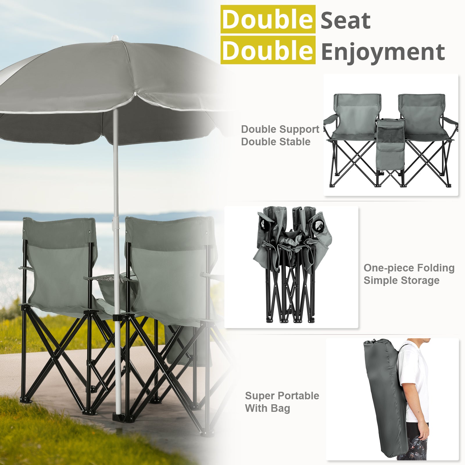 HAOYYE Portable 2-Seat Folding Chair with Removable Sun Umbrella, Gray, Sturdy Outdoor Camping Bench with Built-in Cup Holders, Lightweight and Space-Saving Design, Ideal for Beach, Picnic, Patio, and Outdoor Activities