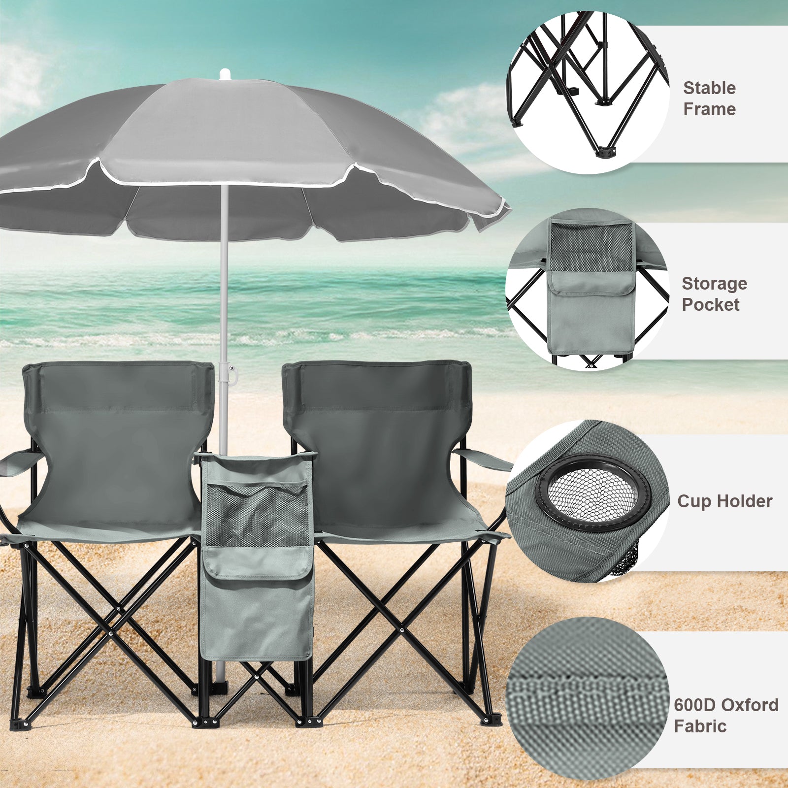 HAOYYE Portable 2-Seat Folding Chair with Removable Sun Umbrella, Gray, Sturdy Outdoor Camping Bench with Built-in Cup Holders, Lightweight and Space-Saving Design, Ideal for Beach, Picnic, Patio, and Outdoor Activities