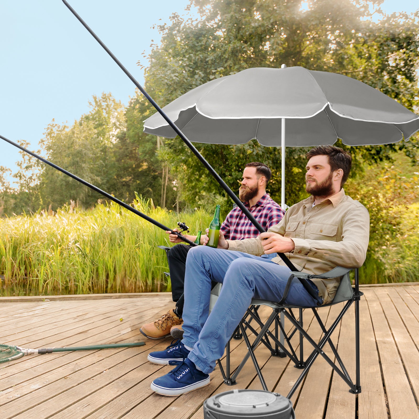HAOYYE Portable 2-Seat Folding Chair with Removable Sun Umbrella, Gray, Sturdy Outdoor Camping Bench with Built-in Cup Holders, Lightweight and Space-Saving Design, Ideal for Beach, Picnic, Patio, and Outdoor Activities