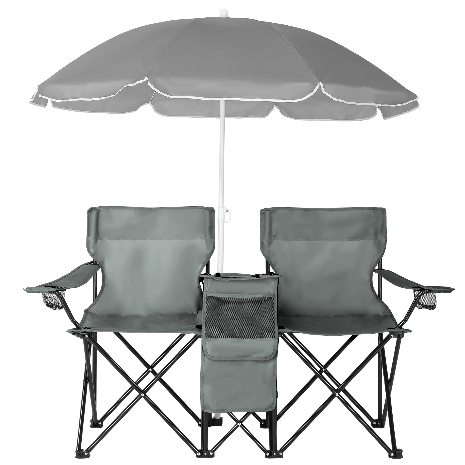 HAOYYE Portable 2-Seat Folding Chair with Removable Sun Umbrella, Gray, Sturdy Outdoor Camping Bench with Built-in Cup Holders, Lightweight and Space-Saving Design, Ideal for Beach, Picnic, Patio, and Outdoor Activities