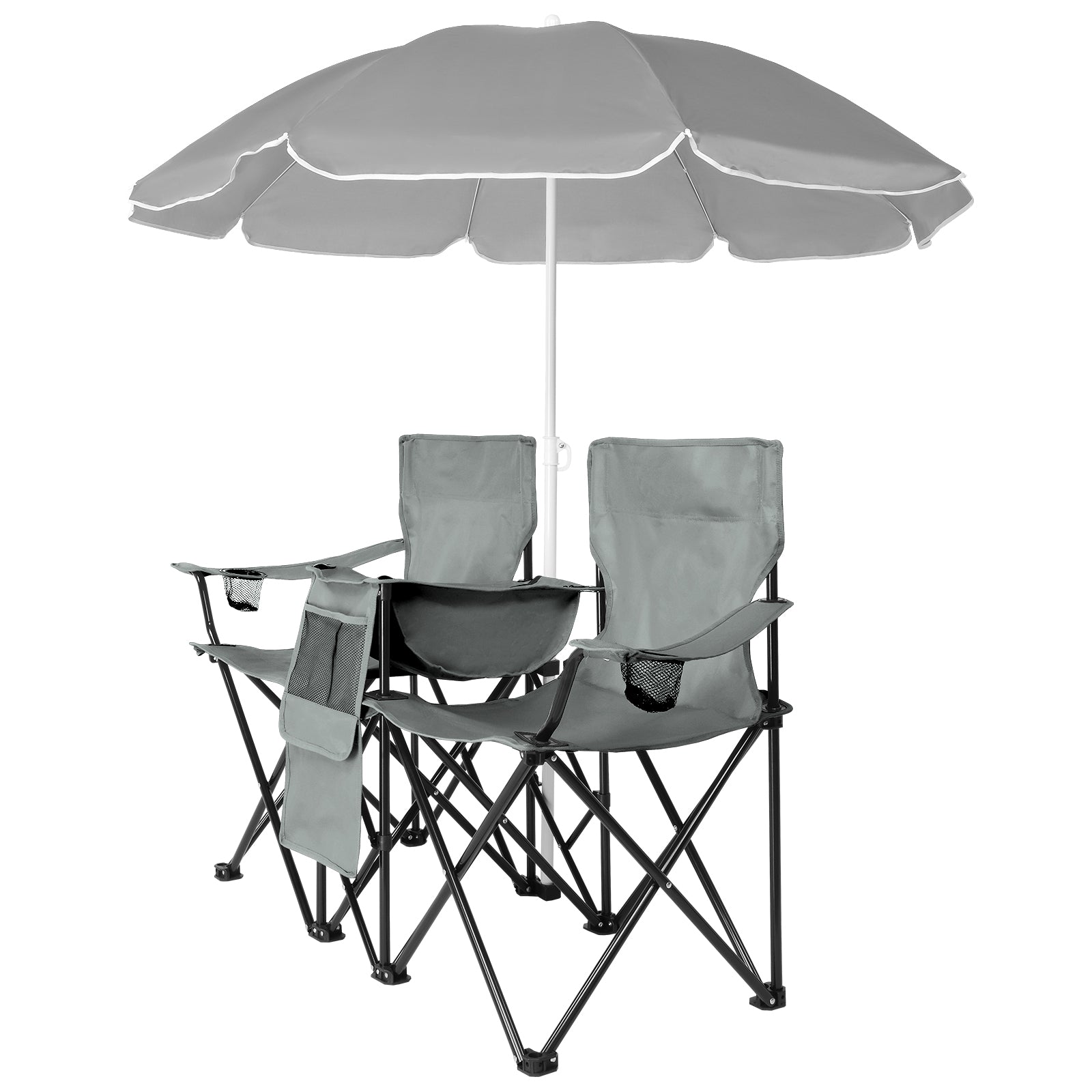 HAOYYE Portable 2-Seat Folding Chair with Removable Sun Umbrella, Gray, Sturdy Outdoor Camping Bench with Built-in Cup Holders, Lightweight and Space-Saving Design, Ideal for Beach, Picnic, Patio, and Outdoor Activities
