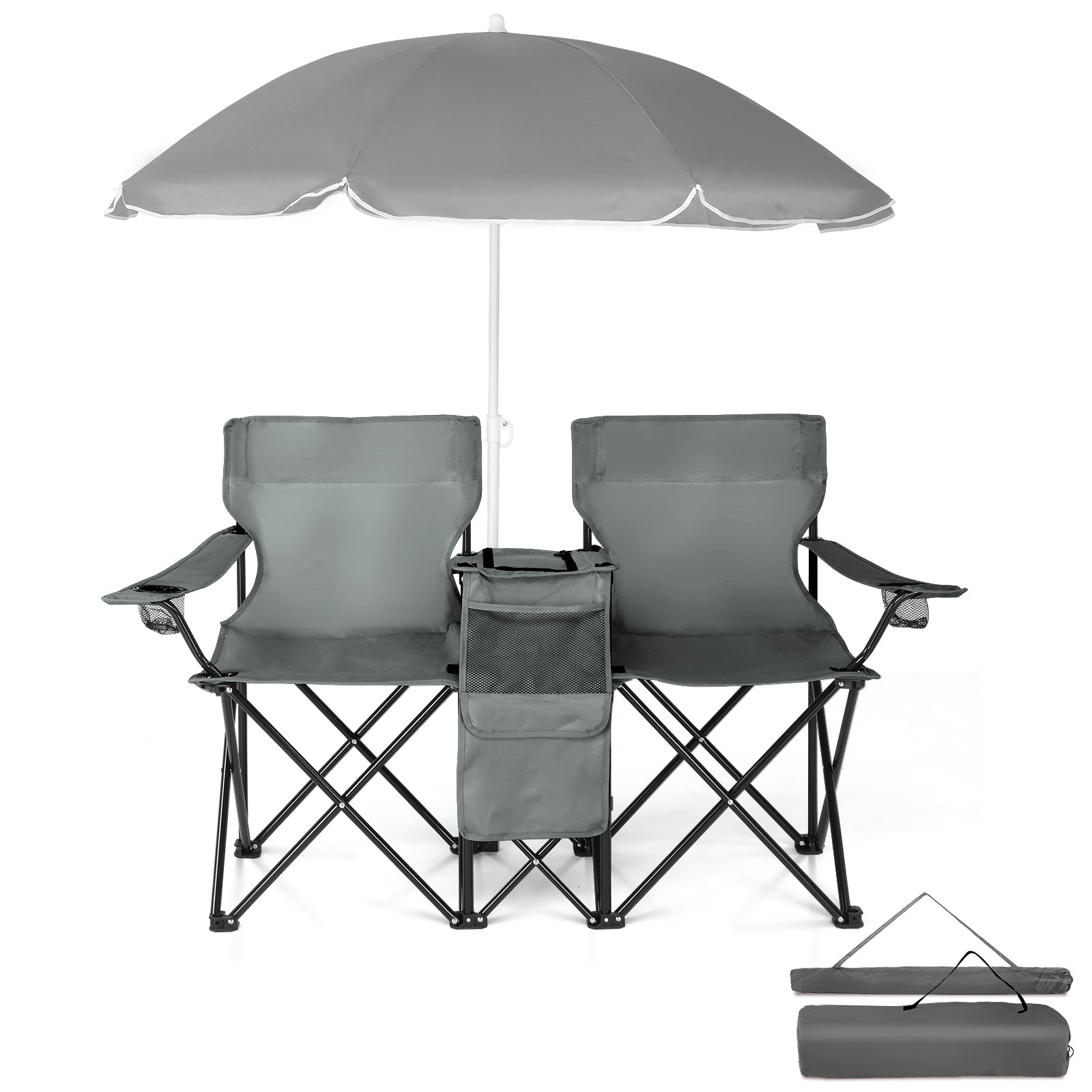 HAOYYE Portable 2-Seat Folding Chair with Removable Sun Umbrella, Gray, Sturdy Outdoor Camping Bench with Built-in Cup Holders, Lightweight and Space-Saving Design, Ideal for Beach, Picnic, Patio, and Outdoor Activities