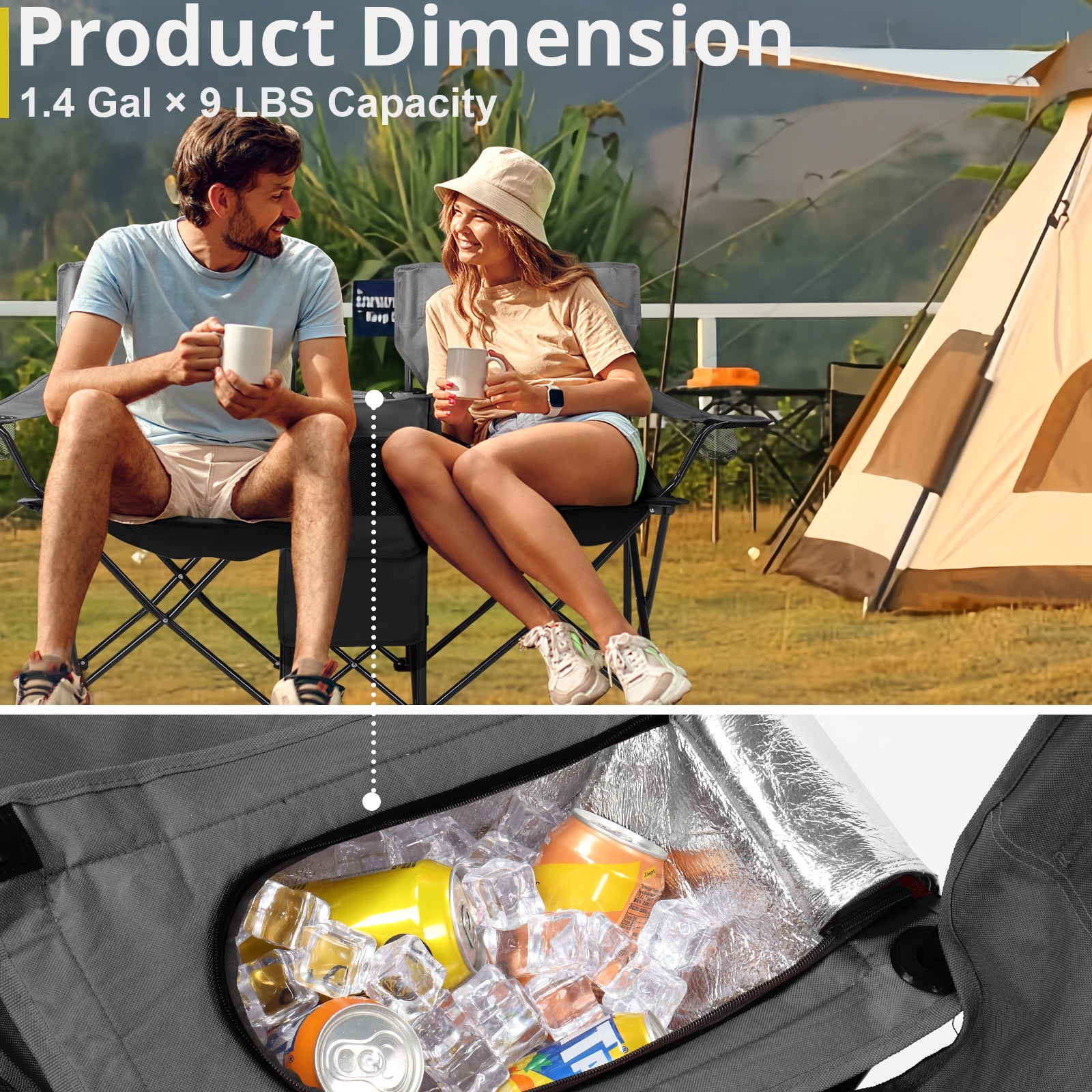 HAOYYE Portable 2-Seat Folding Chair with Removable Sun Umbrella, Black, Sturdy Outdoor Camping Bench with Built-in Cup Holders, Lightweight and Space-Saving Design, Ideal for Beach, Picnic, Patio, and Outdoor Activities