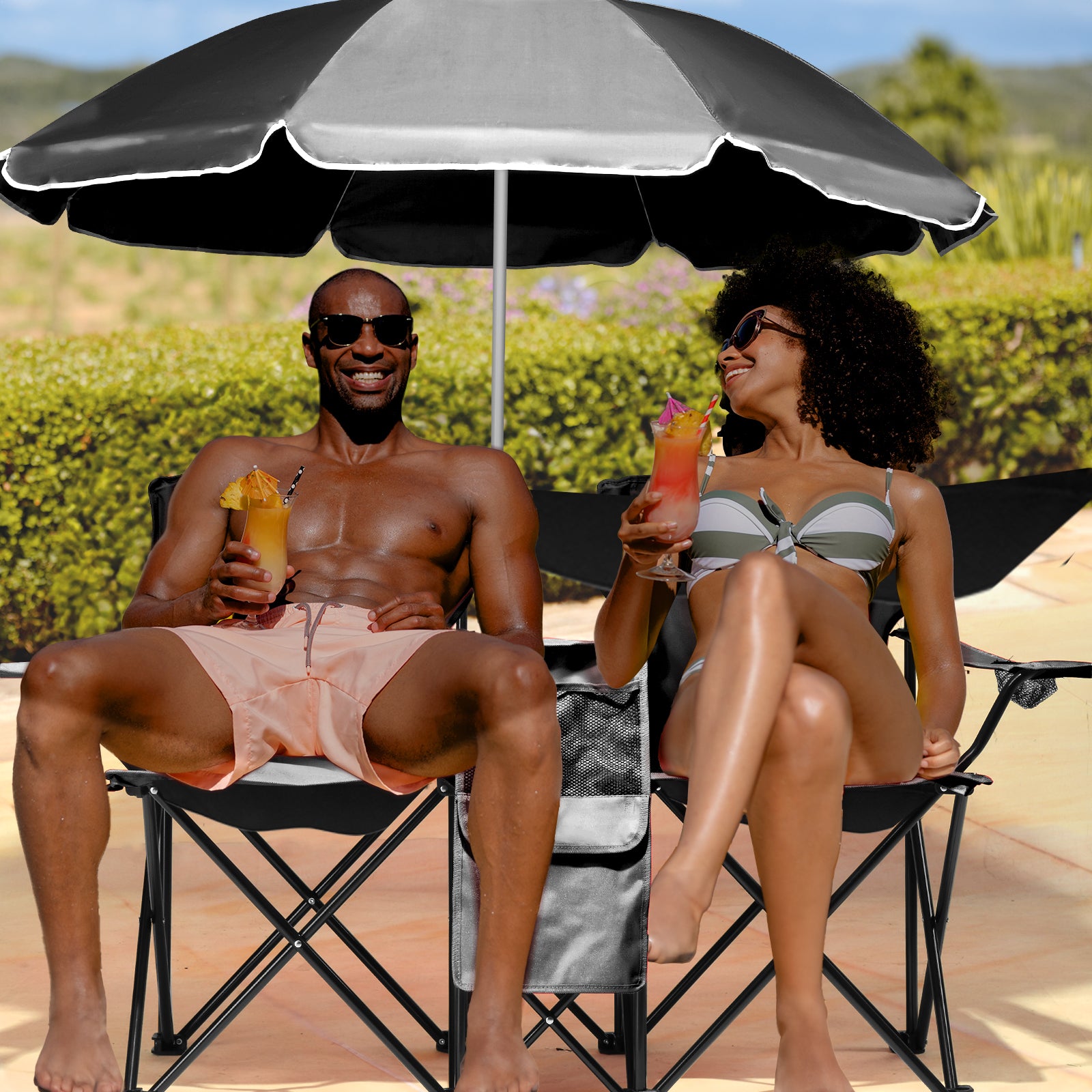 HAOYYE Portable 2-Seat Folding Chair with Removable Sun Umbrella, Black, Sturdy Outdoor Camping Bench with Built-in Cup Holders, Lightweight and Space-Saving Design, Ideal for Beach, Picnic, Patio, and Outdoor Activities