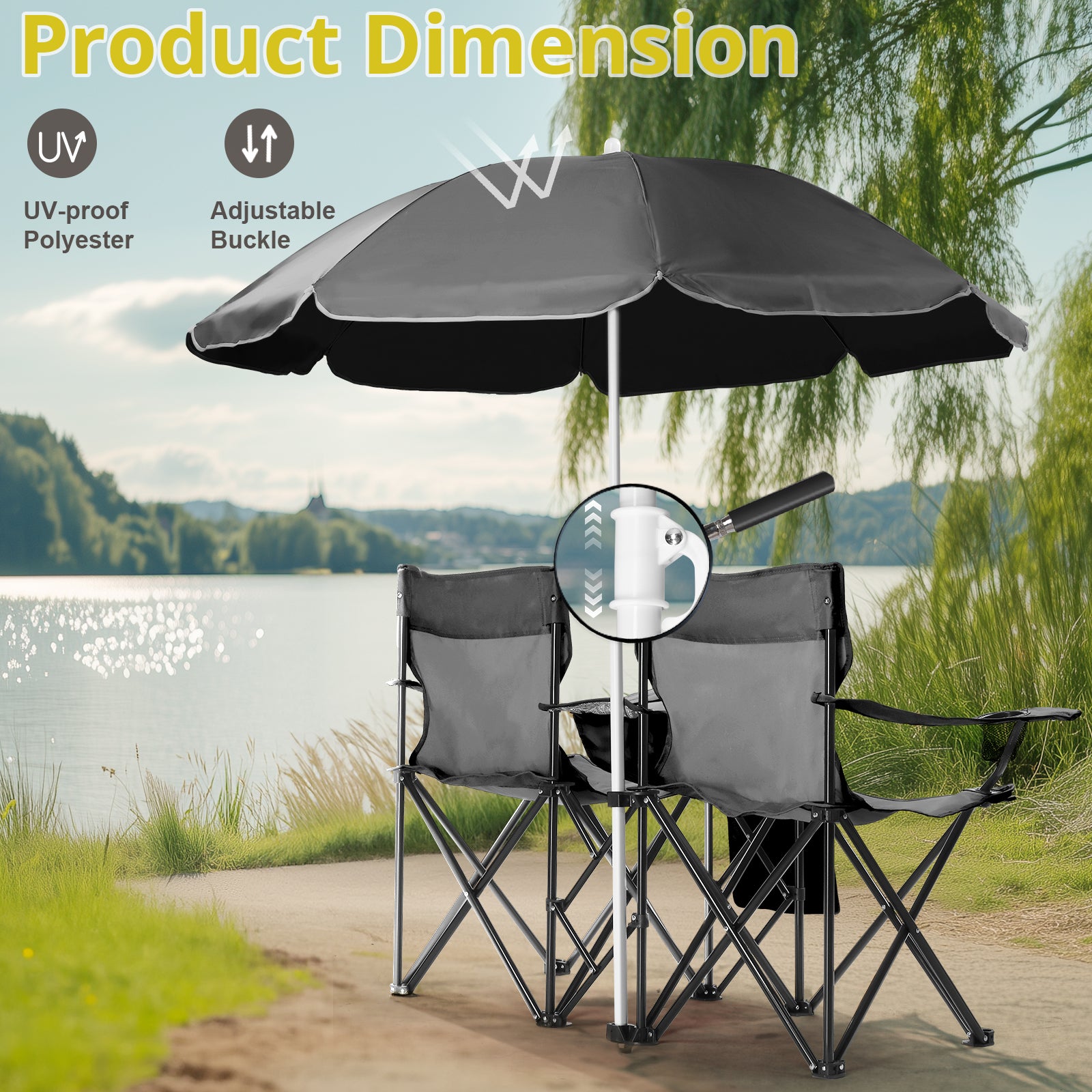 HAOYYE Portable 2-Seat Folding Chair with Removable Sun Umbrella, Black, Sturdy Outdoor Camping Bench with Built-in Cup Holders, Lightweight and Space-Saving Design, Ideal for Beach, Picnic, Patio, and Outdoor Activities
