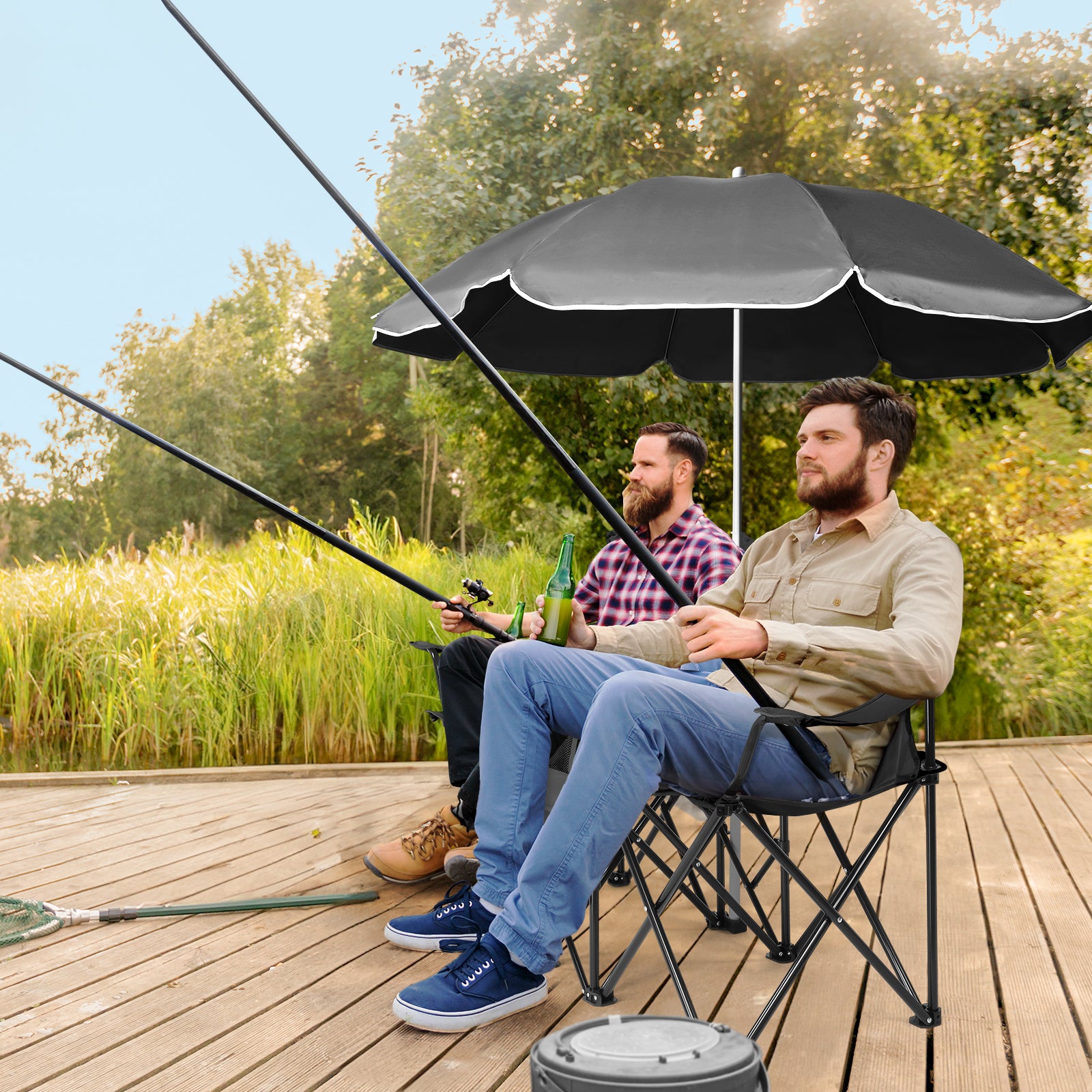 HAOYYE Portable 2-Seat Folding Chair with Removable Sun Umbrella, Black, Sturdy Outdoor Camping Bench with Built-in Cup Holders, Lightweight and Space-Saving Design, Ideal for Beach, Picnic, Patio, and Outdoor Activities